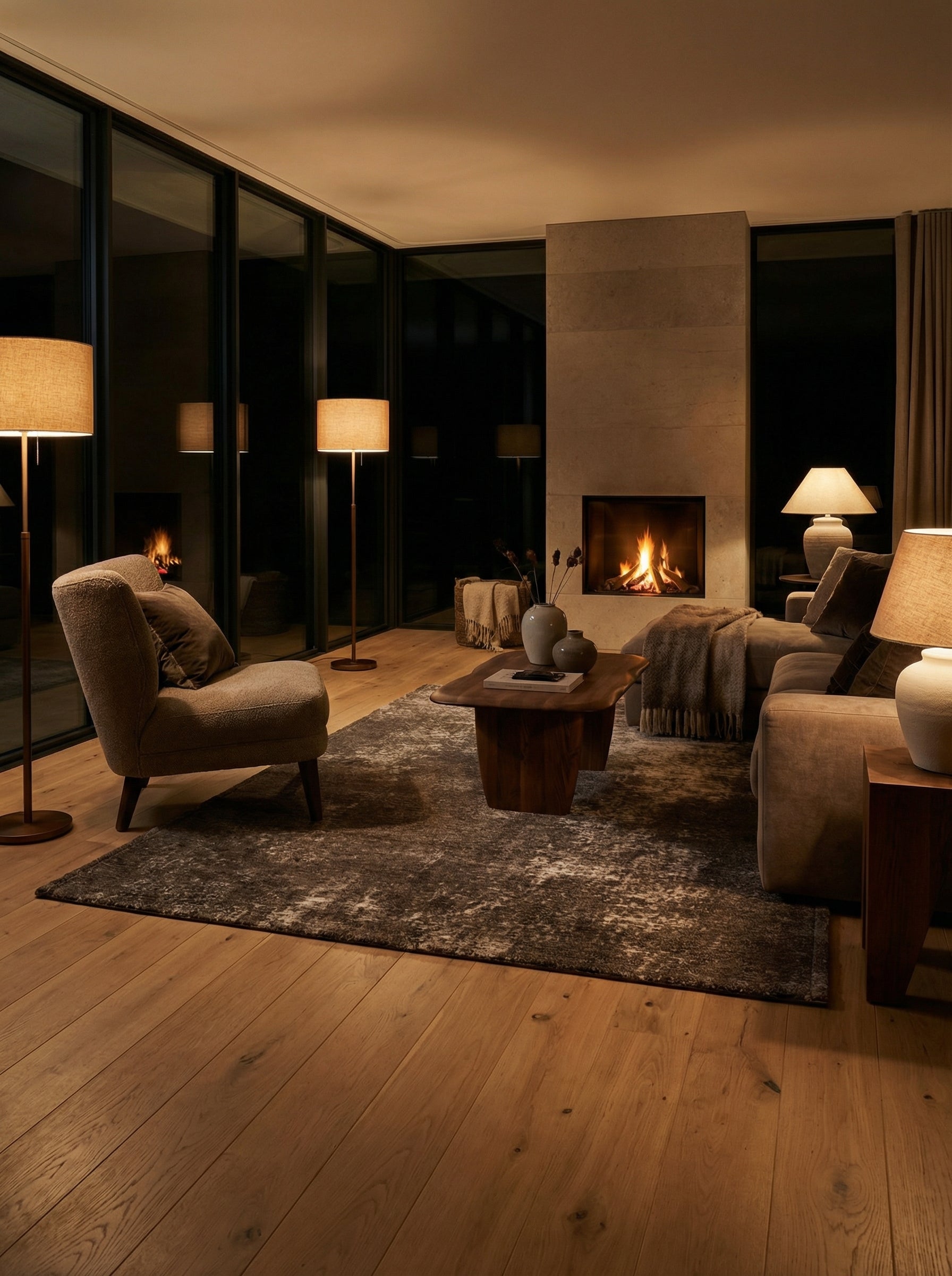 Tapis rectangulaire taupe dans une pièce tamisée, éclairage doux. Atmosphère chaleureuse