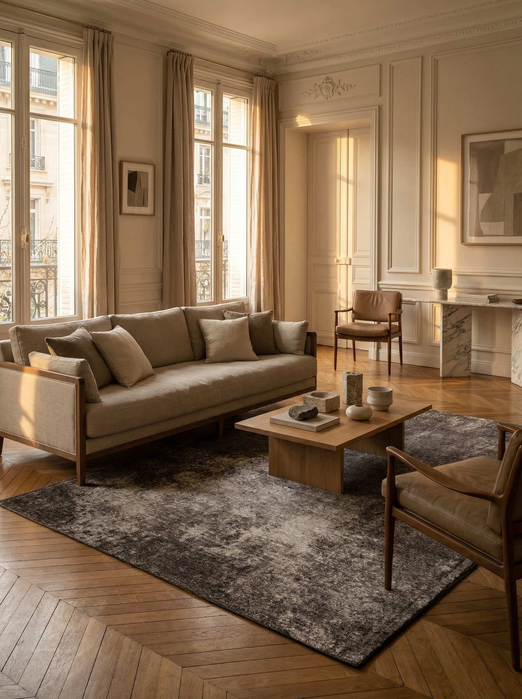 Tapis rectangulaire taupe, ambiance soirée élégante et conviviale, pièce chaleureuse