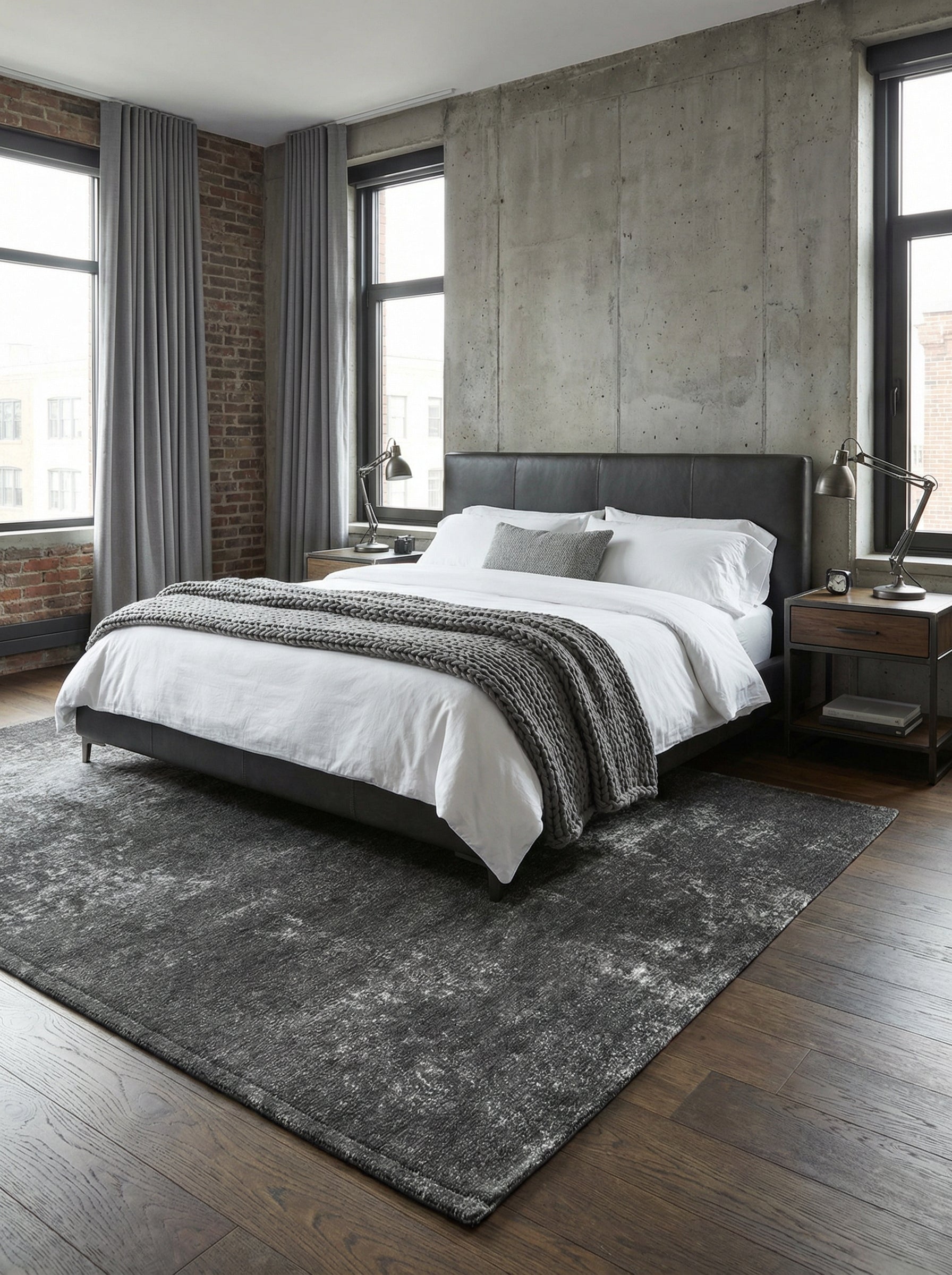 Tapis rectangulaire gris, doux et confortable dans une chambre. Il crée une ambiance reposante et chaleureuse