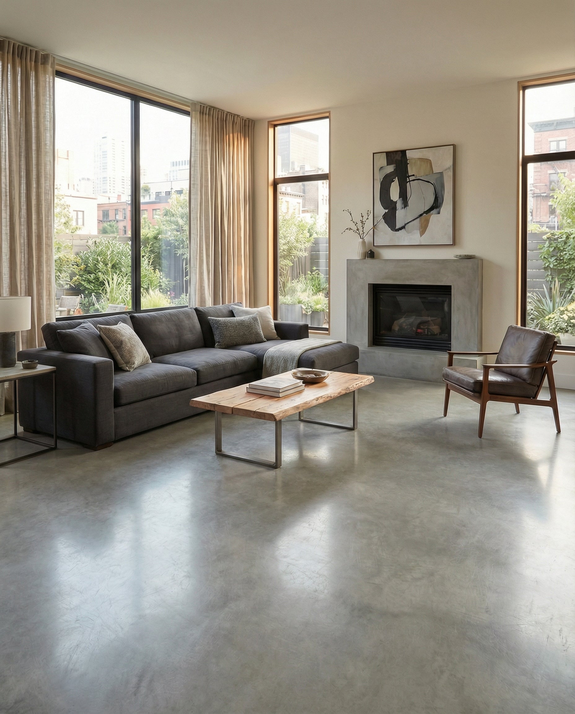 Pièce lumineuse avec sol gris clair. Canapé foncé, fauteuil en cuir, cheminée. Espace vide pour un tapis rectangulaire