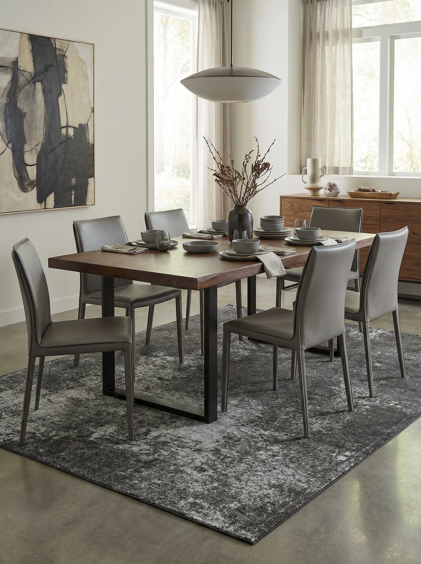 Tapis gris rectangulaire sous la table à manger, définissant l'espace repas, ambiance conviviale