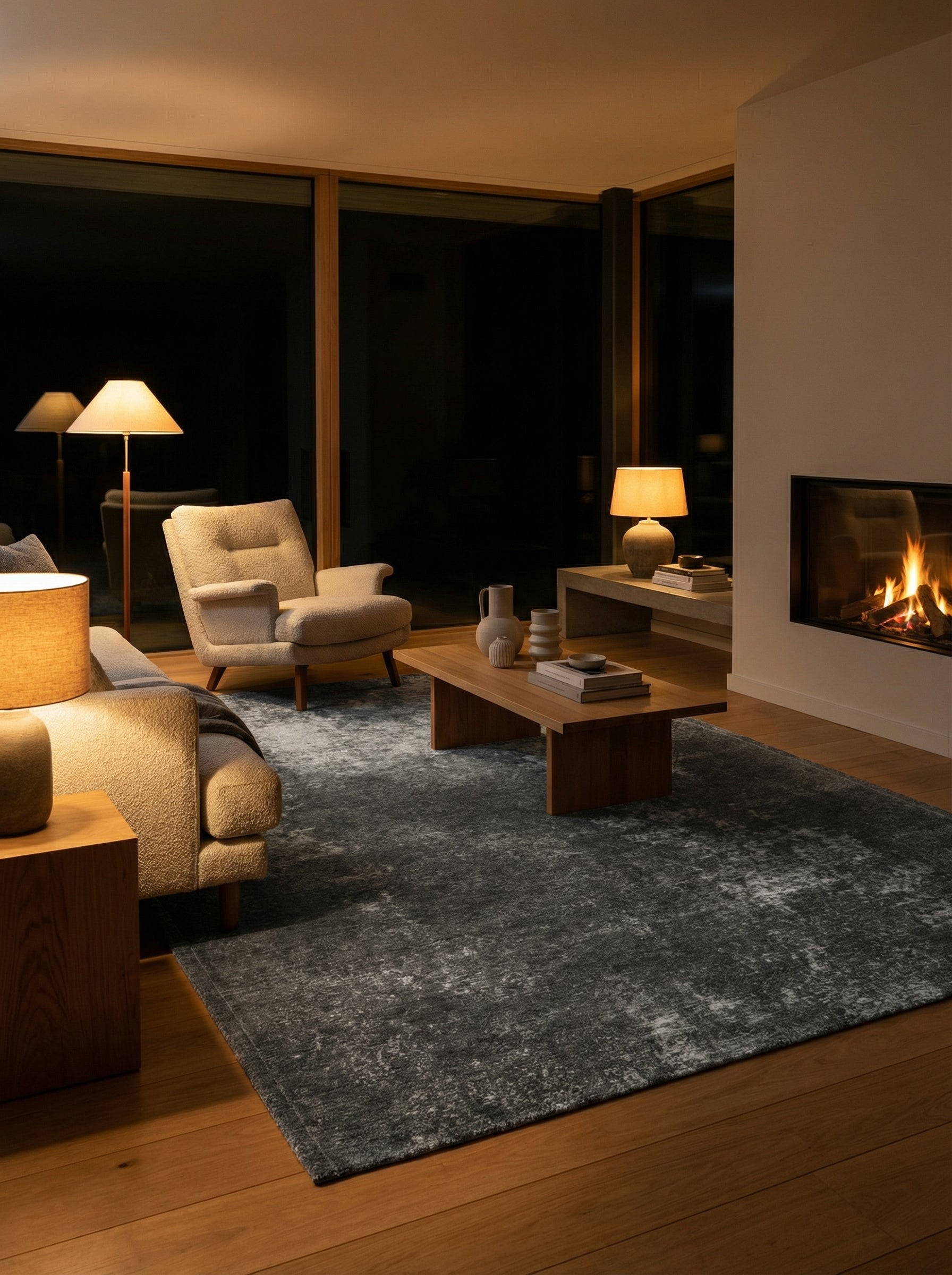 Tapis rectangulaire gris dans une pièce tamisée. Éclairage doux, ambiance chaleureuse