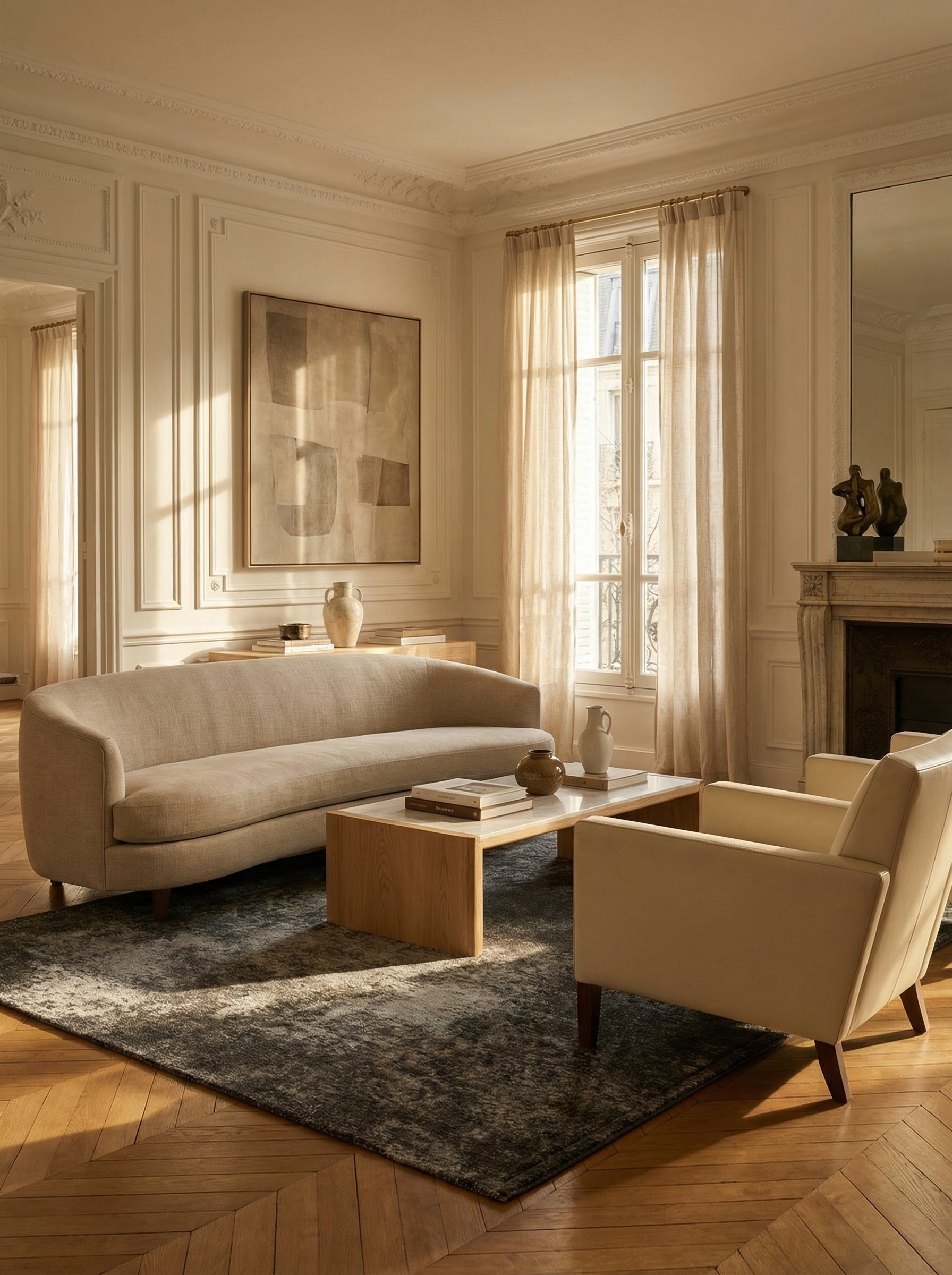 Tapis rectangulaire gris, ambiance soirée, convivialité et élégance dans le salon, parquet en bois clair