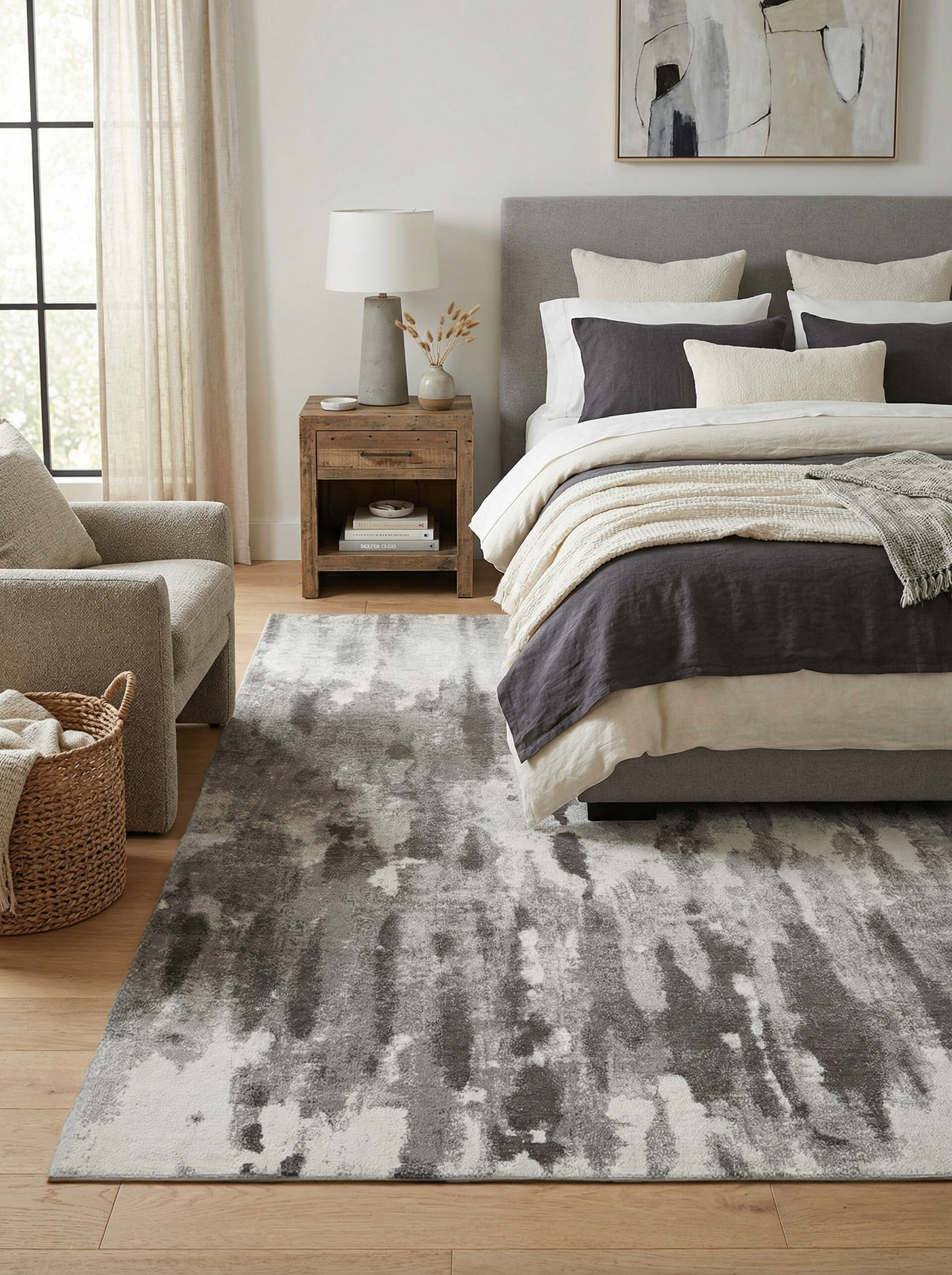 Tapis rectangulaire gris et blanc. Douceur et confort pour une ambiance reposante dans la chambre