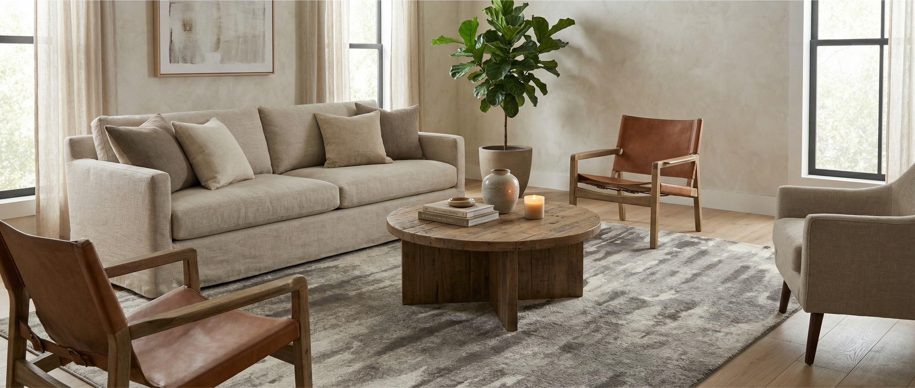 Le tapis gris rectangulaire transforme la pièce. Il crée une harmonie avec l'ambiance neutre et les couleurs