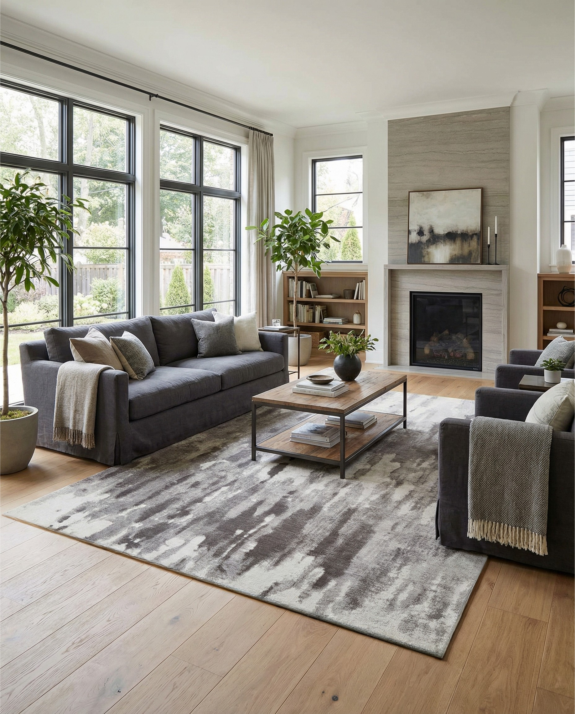 Le tapis rectangulaire gris adoucit la pièce, créant une ambiance chaleureuse. Le bois clair contraste joliment