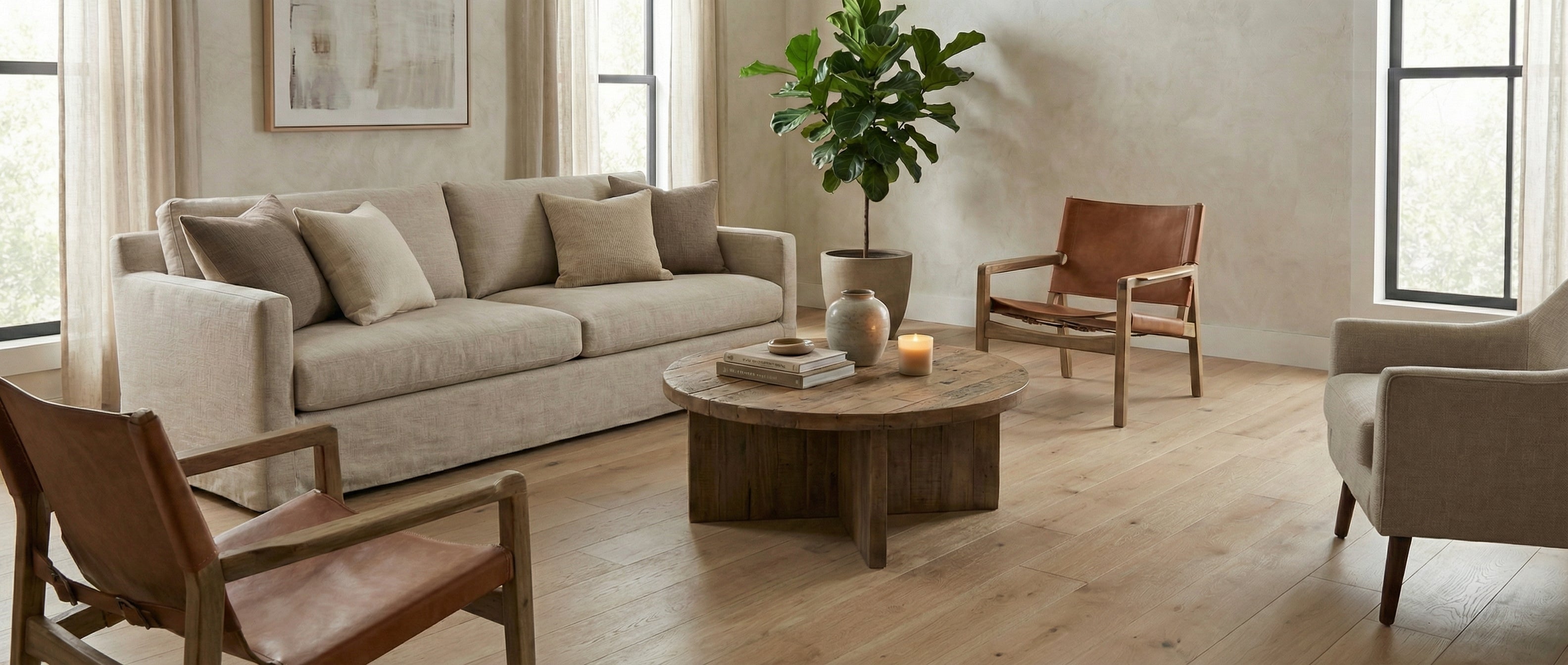 Pièce lumineuse avec canapé, fauteuils, table basse ronde et parquet clair. Ambiance neutre. Espace vide pour un tapis