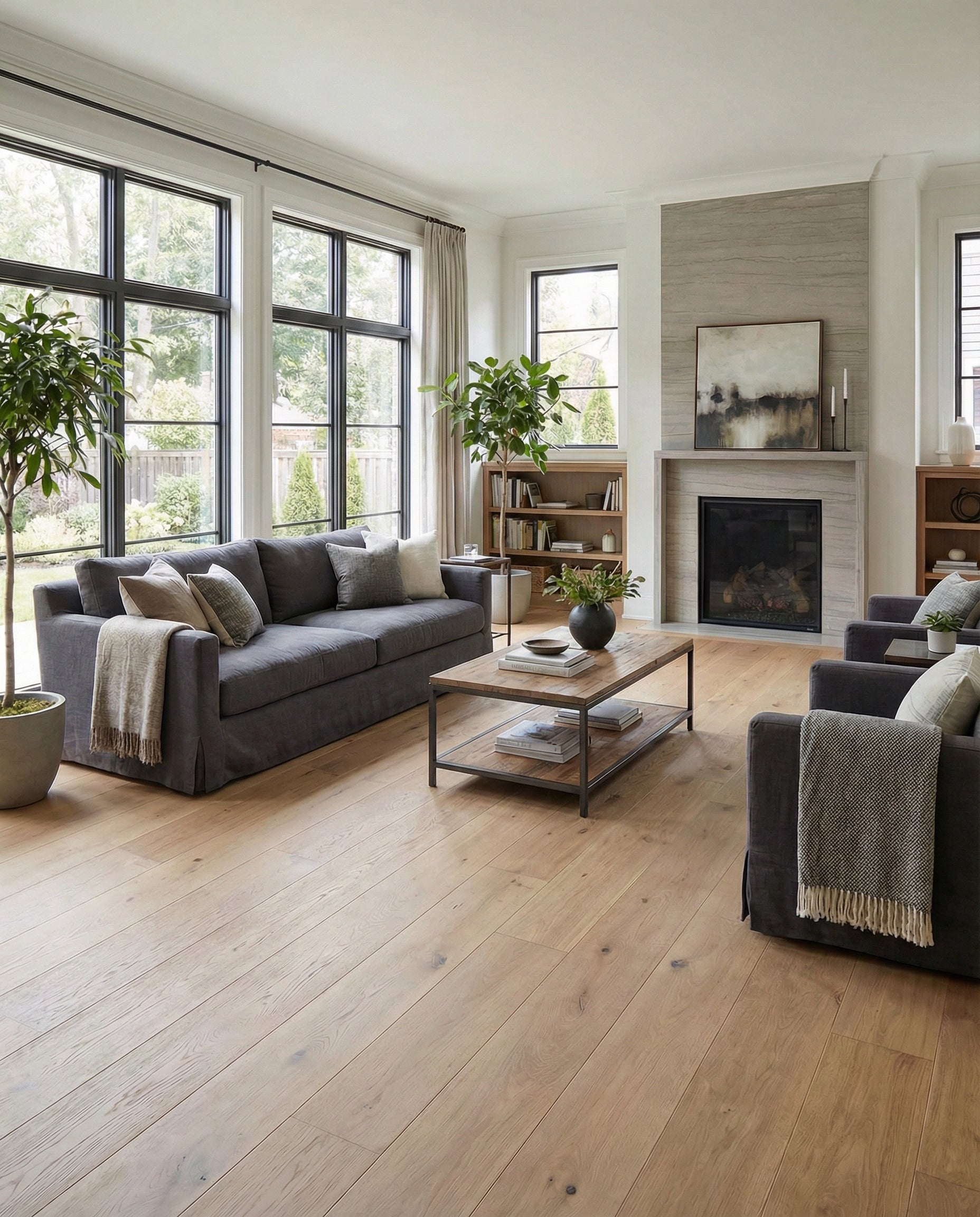 Pièce avec plancher de bois clair, canapé gris, fauteuils, cheminée, grandes fenêtres, ambiance chaleureuse