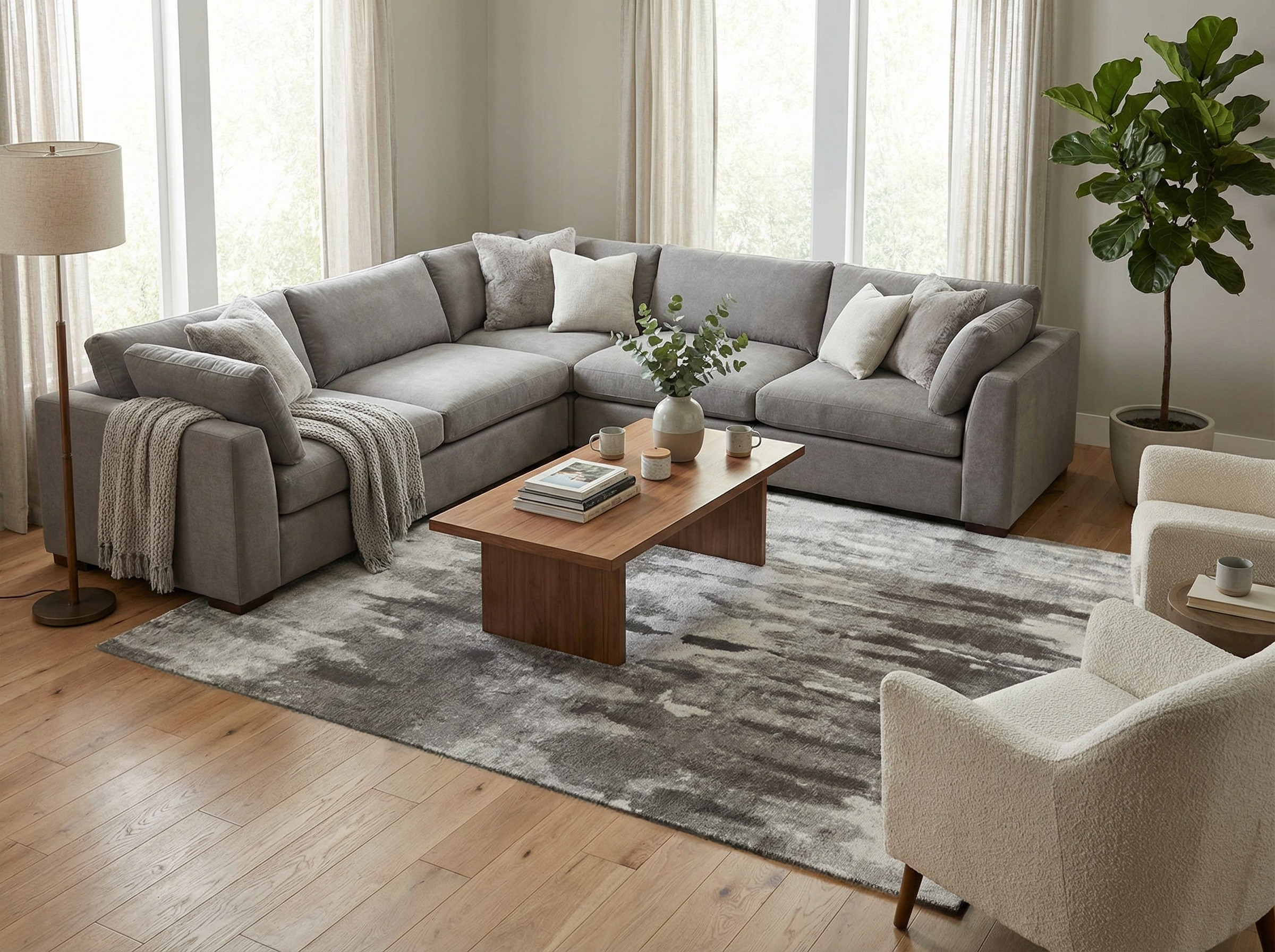 Tapis rectangulaire gris dans salon. Style déco moderne. Ambiance chaleureuse et reposante