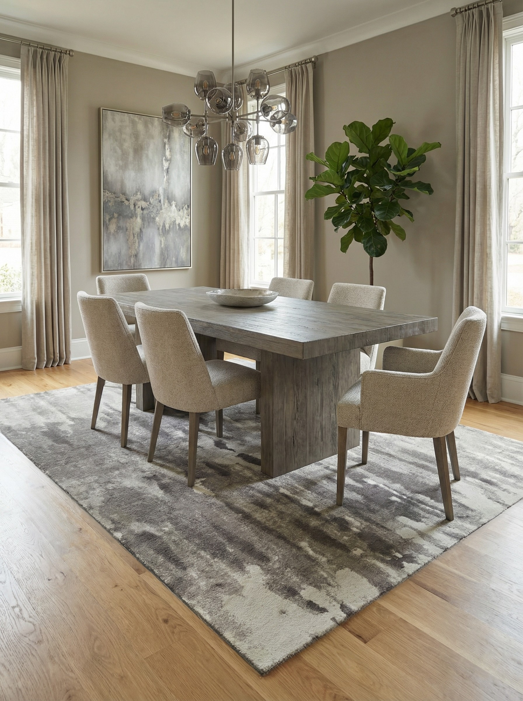 Tapis rectangulaire gris. Définit l'espace repas. Ambiance conviviale