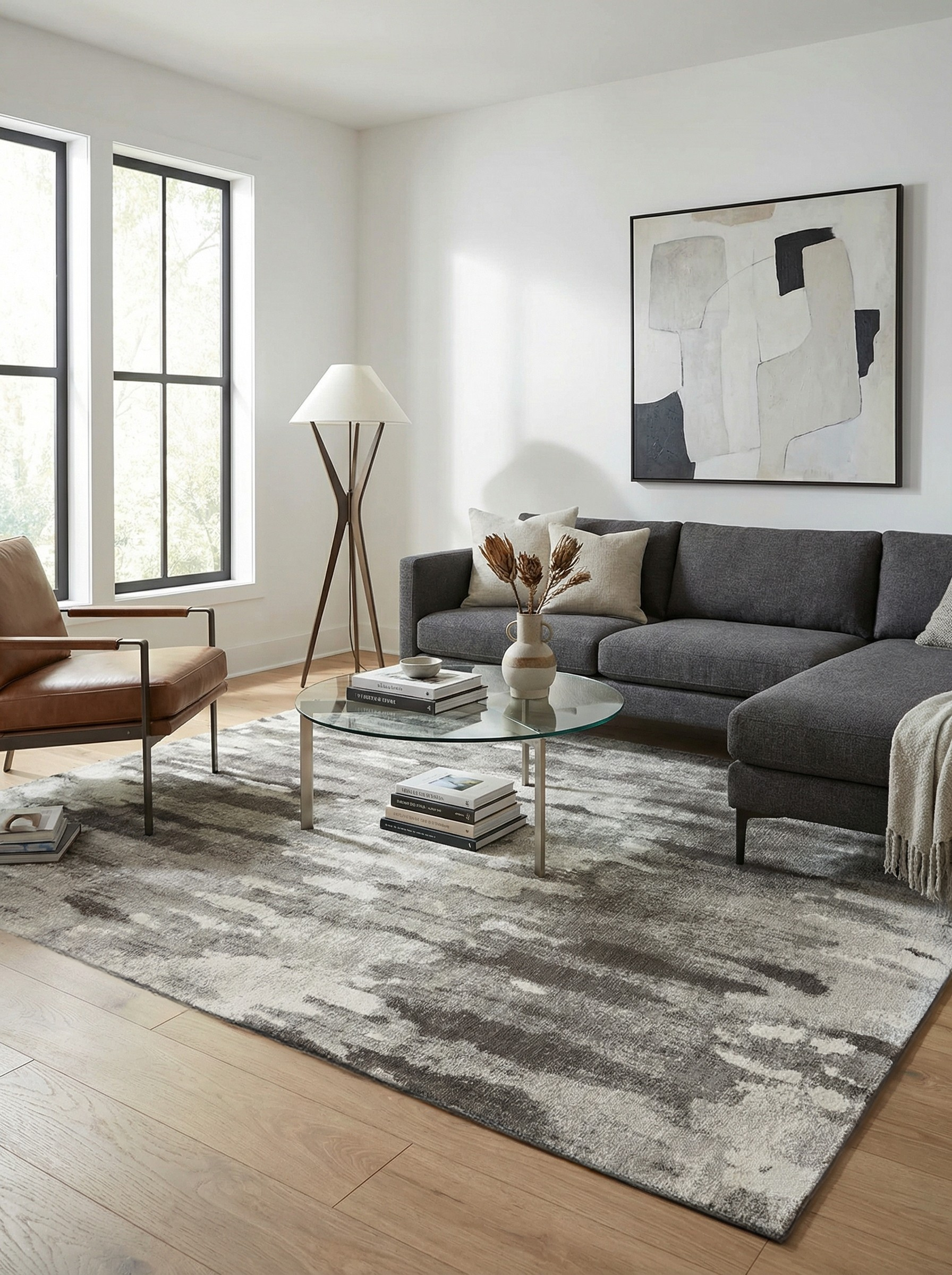 Tapis rectangulaire gris clair et foncé dans un salon, créant une ambiance moderne et harmonieuse