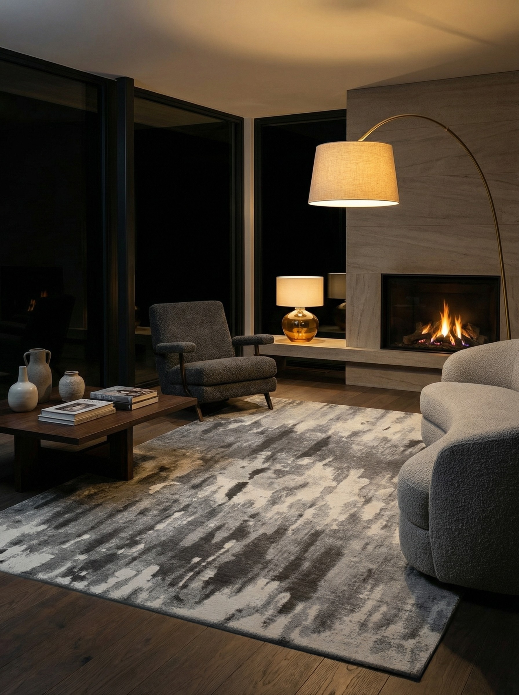 Tapis rectangulaire gris, éclairage doux, ambiance feutrée dans une pièce sombre