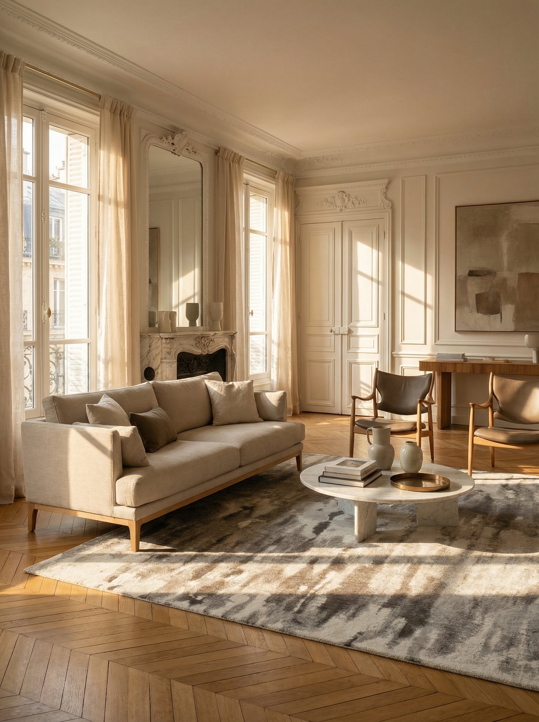 Tapis rectangulaire gris, ambiance soirée. Convivialité et élégance se marient dans cette pièce
