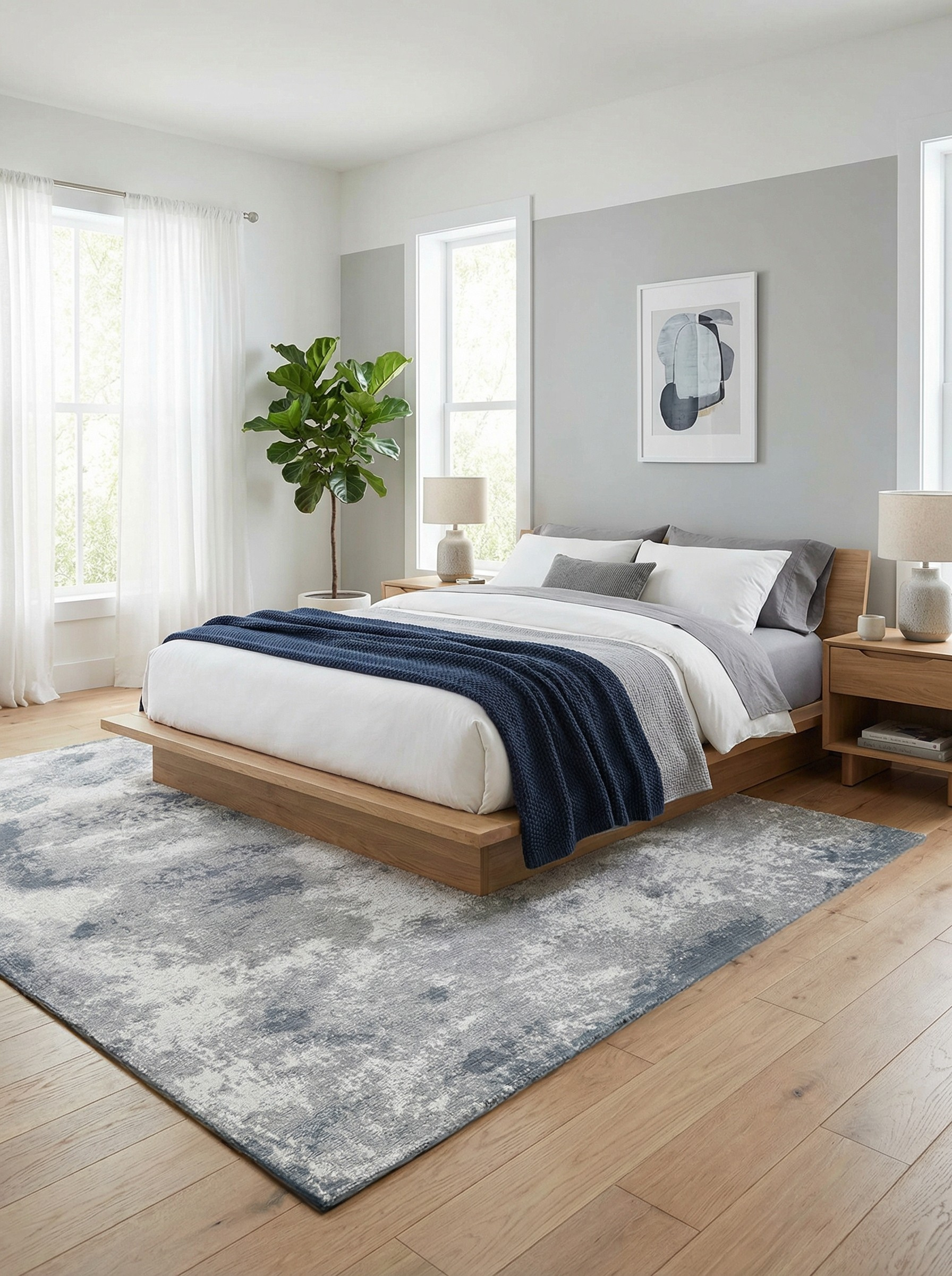 Tapis rectangulaire gris et blanc, doux et confortable dans une chambre. Ambiance reposante, couleurs apaisantes