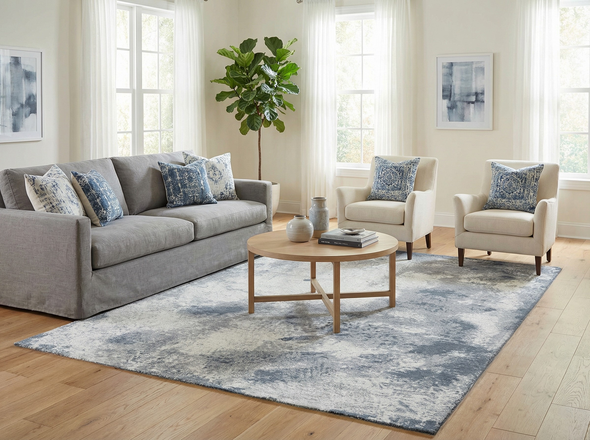 Tapis rectangulaire gris et bleu dans un salon clair, ambiance zen et déco moderne
