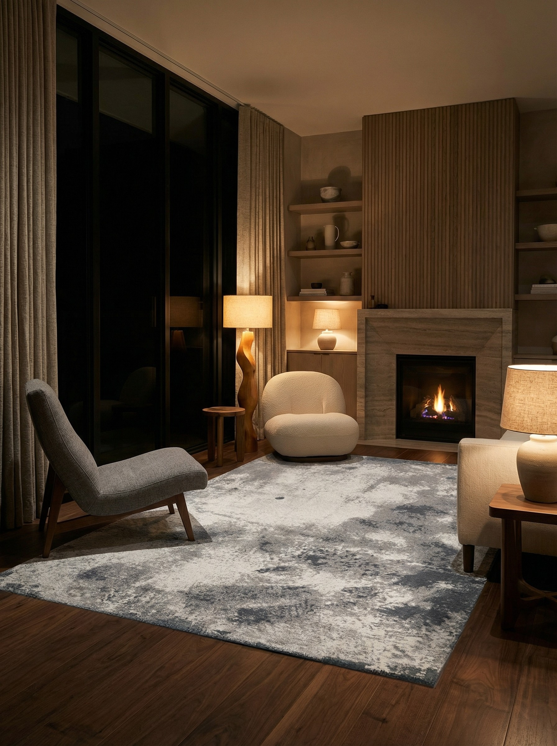 Tapis rectangulaire gris clair dans une pièce tamisée, éclairage doux, ambiance chaleureuse