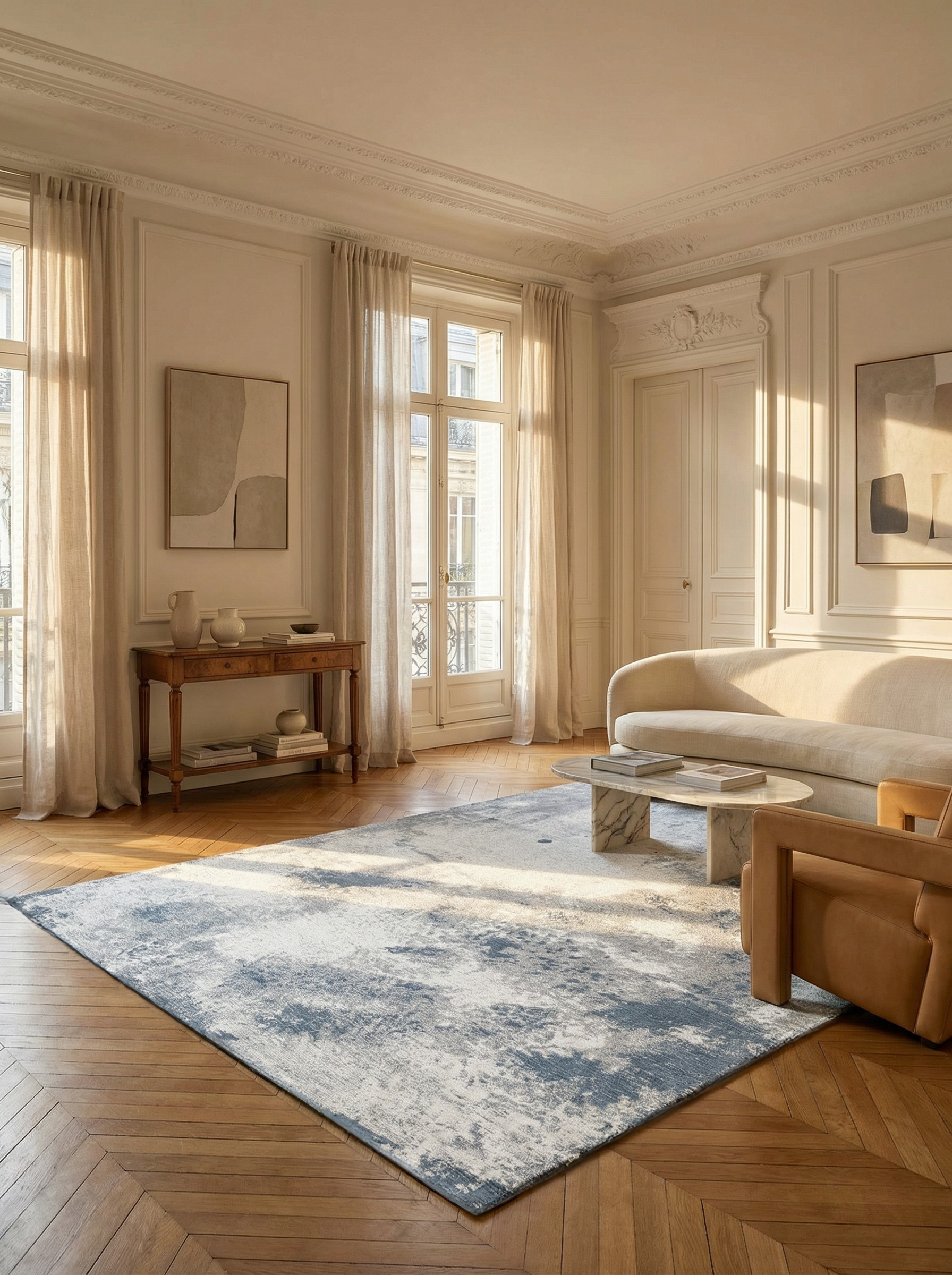 Tapis rectangulaire gris et bleu, ambiance élégante et conviviale dans un salon