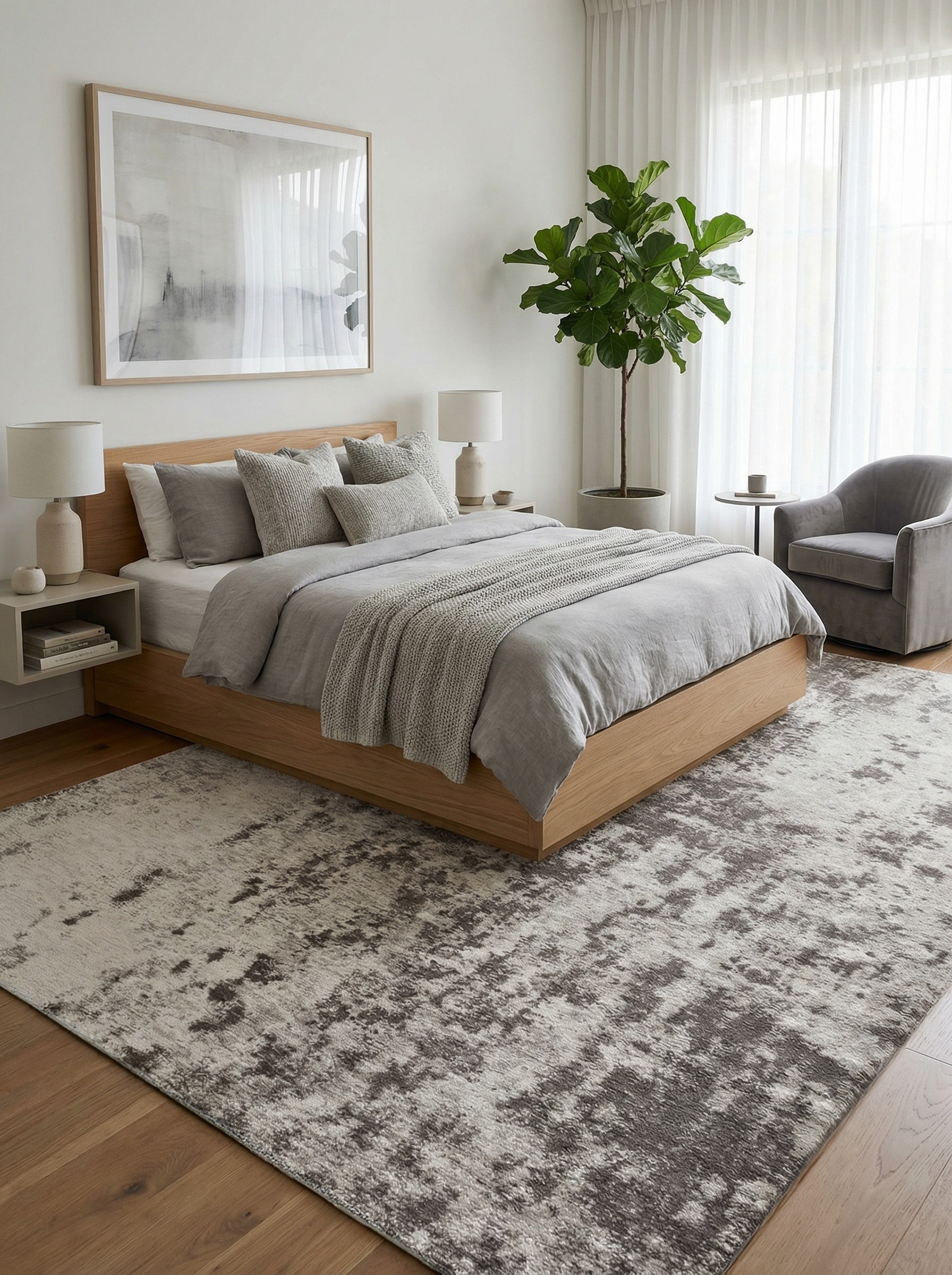 Tapis rectangulaire gris et beige dans une chambre. Doux, confortable, il crée une ambiance reposante