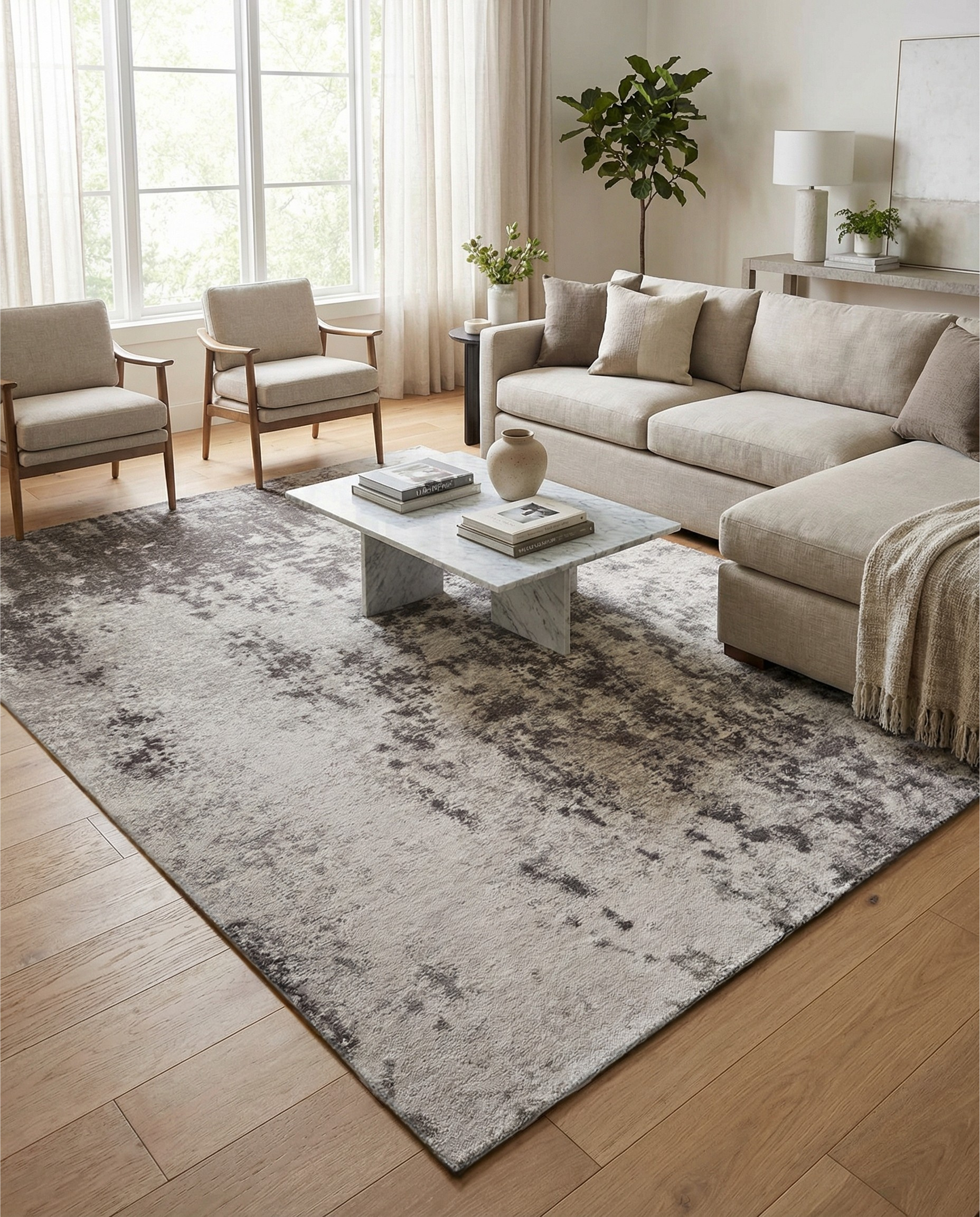 Tapis rectangulaire gris. Il définit la pièce, crée une ambiance chaleureuse. Le sol en bois clair est mis en valeur