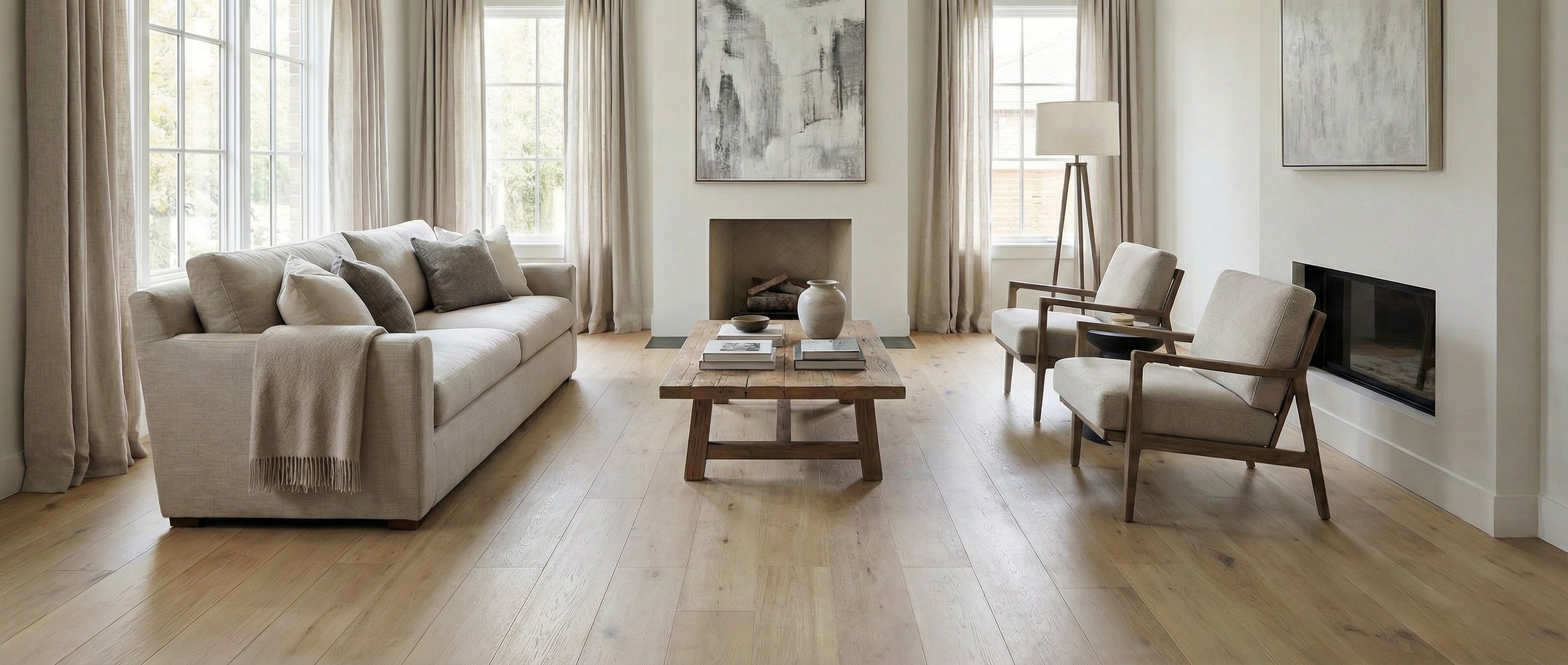 Pièce lumineuse, parquet clair, murs blancs. Canapé, fauteuils, table basse. Espace vide pour tapis rectangulaire,