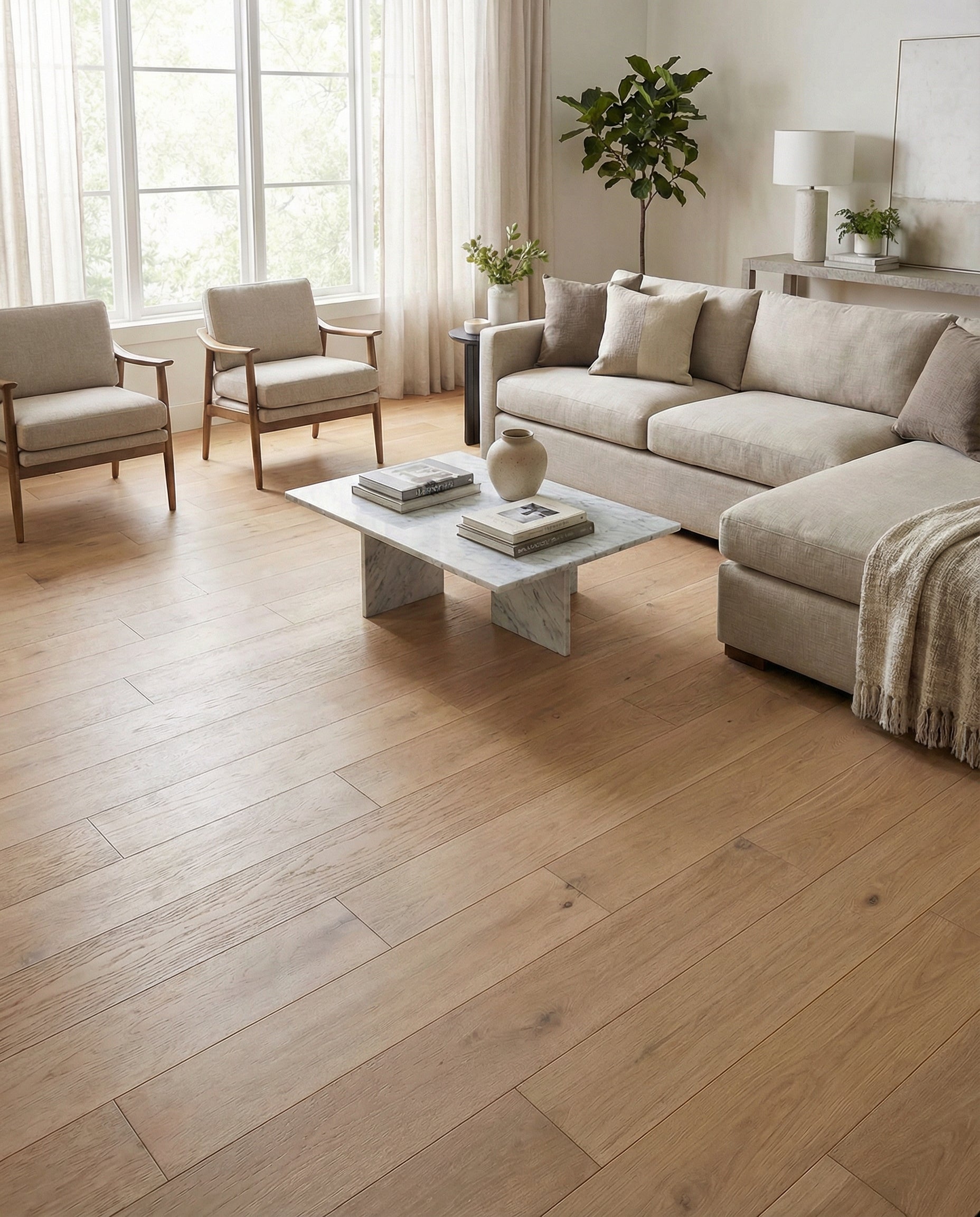Pièce lumineuse avec plancher de bois clair, canapé beige, fauteuils, table basse en marbre, fenêtre, ambiance chaleureuse