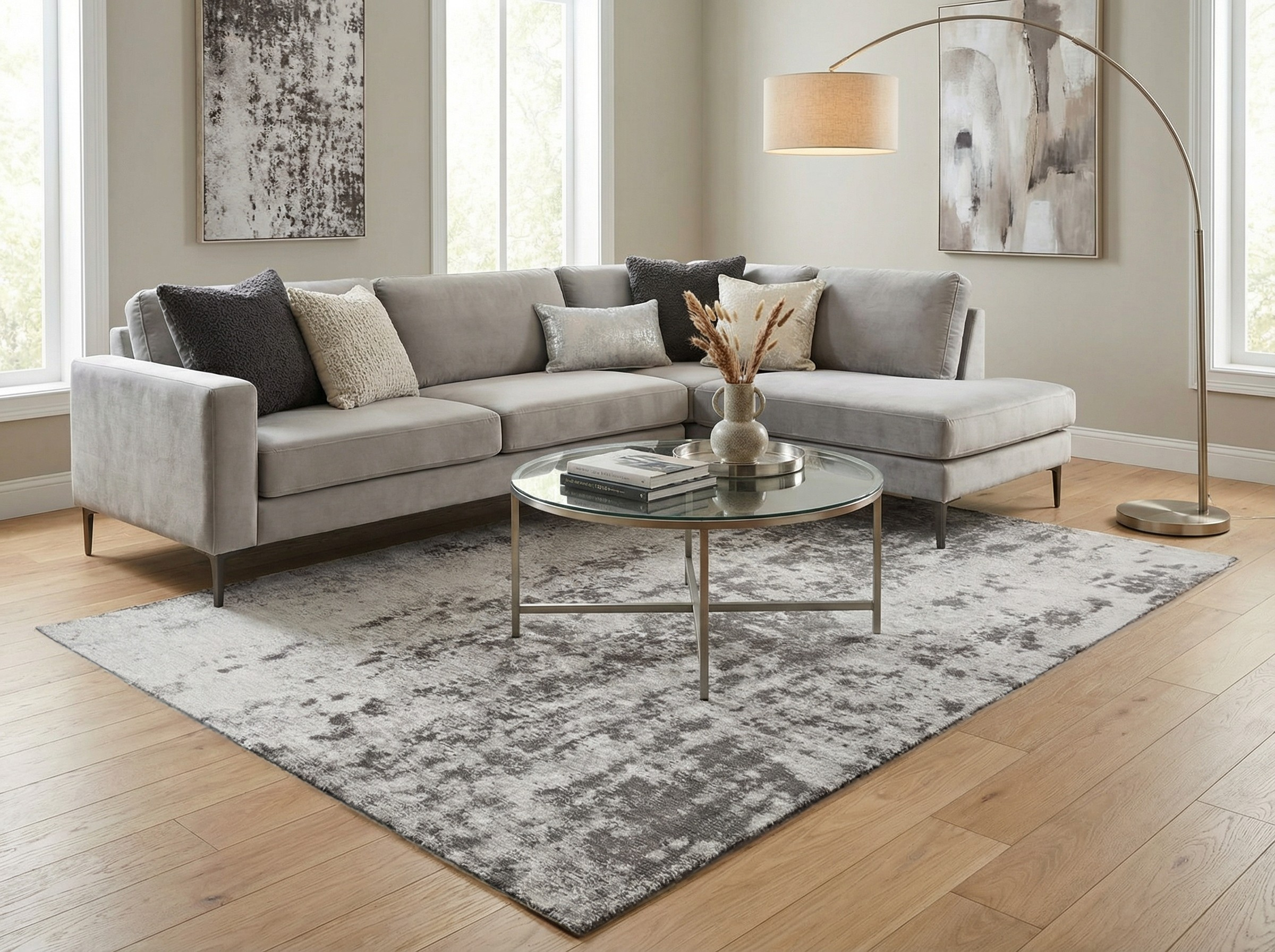 Tapis rectangulaire gris, style déco moderne. Crée une ambiance chaleureuse et élégante dans la pièce