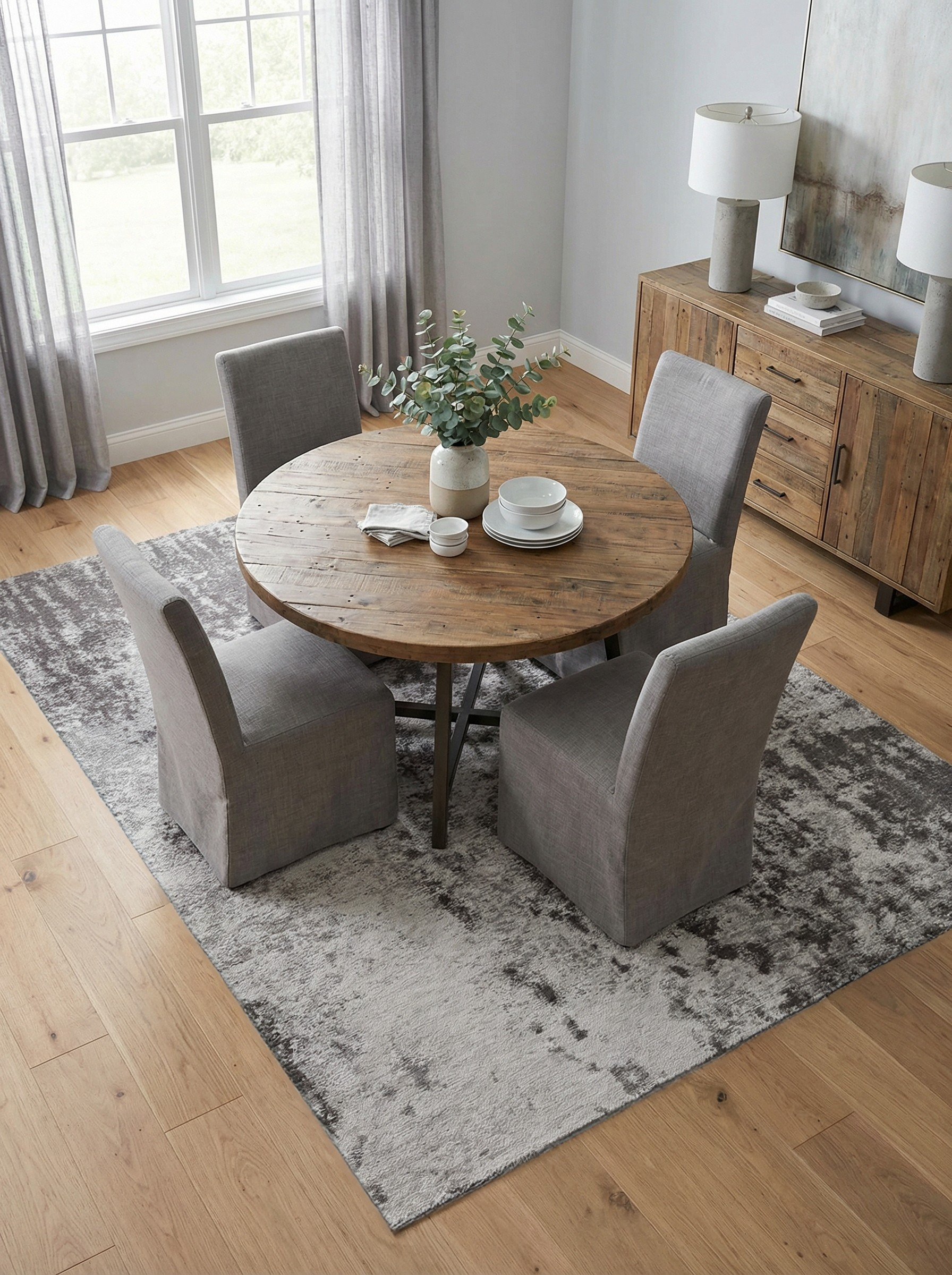 Tapis rectangulaire gris délimitant l'espace repas. Ambiance chaleureuse et conviviale