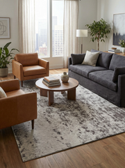 Tapis rectangulaire gris et blanc. Crée une ambiance douce dans le salon. Harmonie avec le décor clair