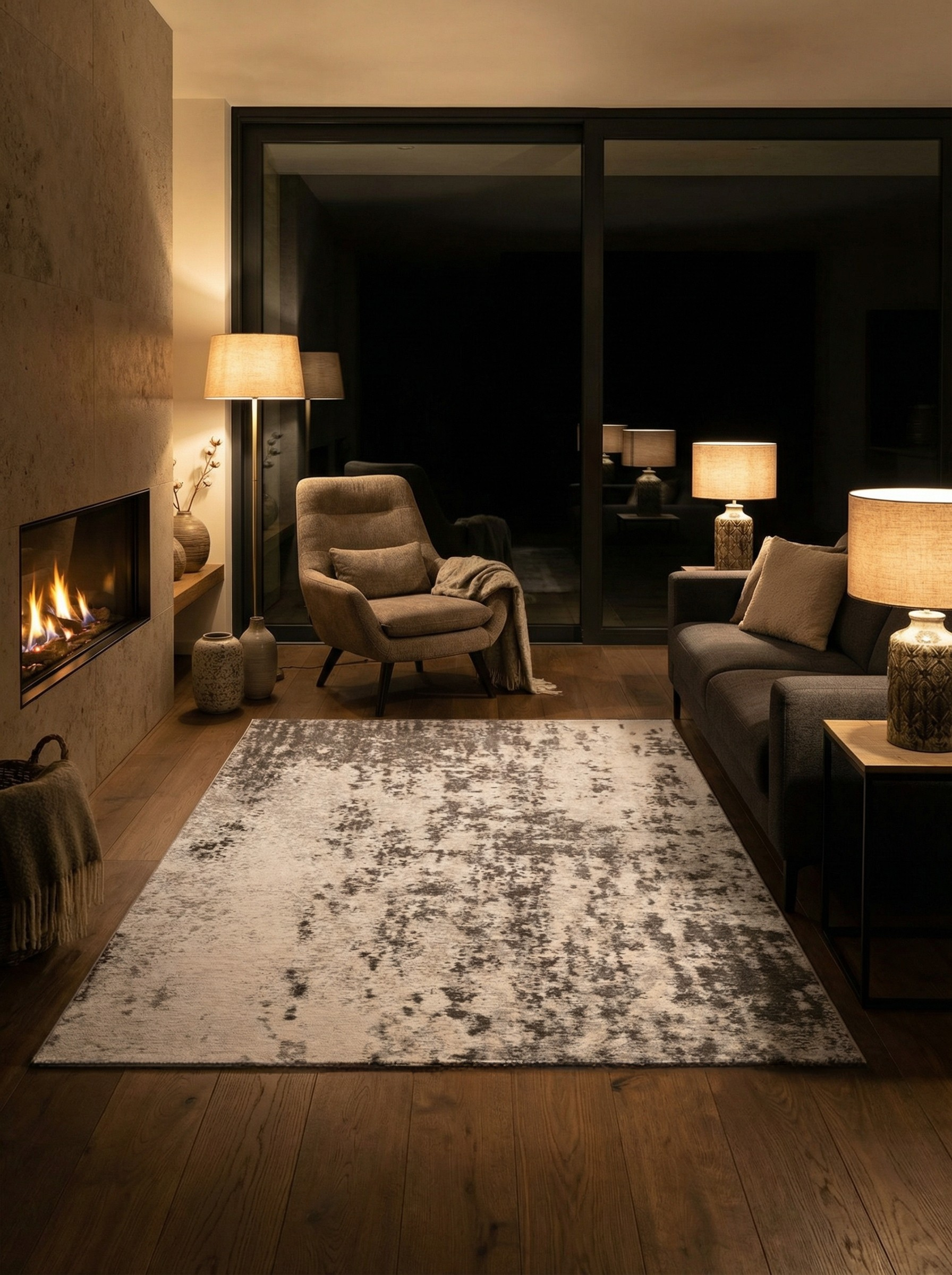 Tapis rectangulaire gris clair, éclairage doux, ambiance chaleureuse dans la pièce