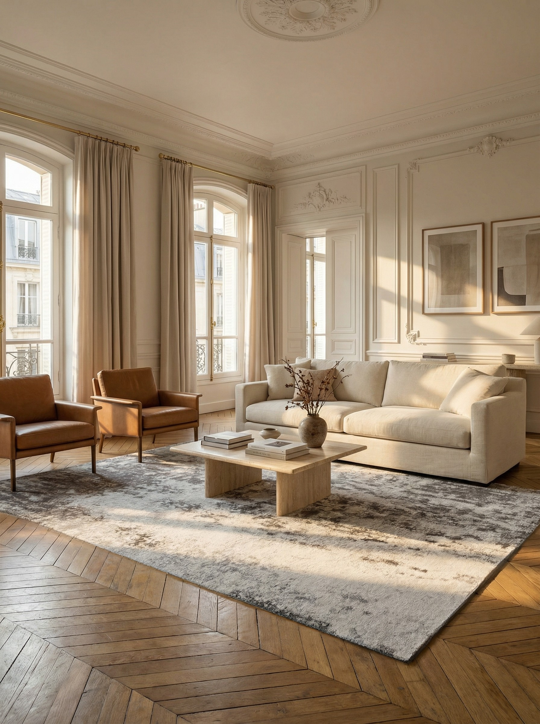 Tapis rectangulaire gris, ambiance soirée. Convivialité et élégance dans le salon