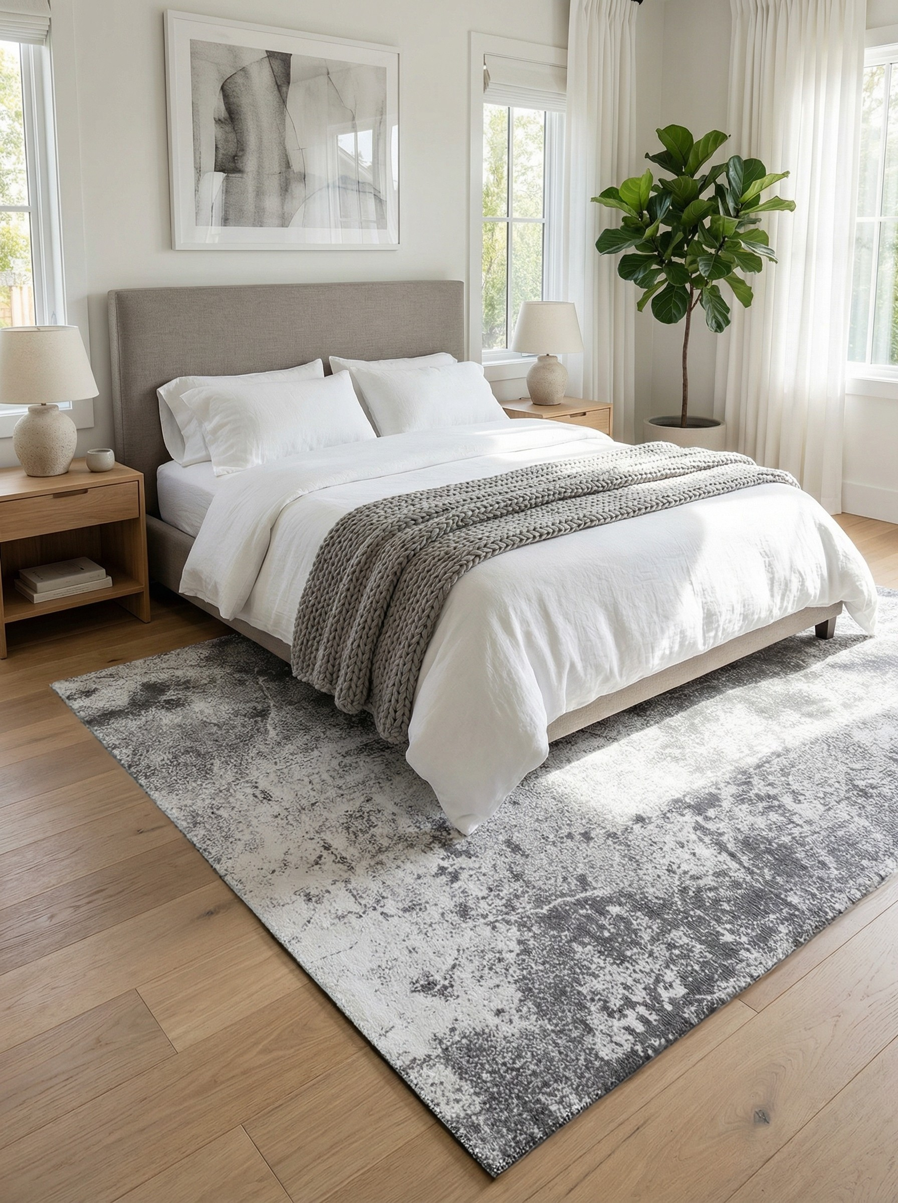 Tapis rectangulaire gris et blanc dans une chambre. Doux, confortable, il crée une ambiance reposante