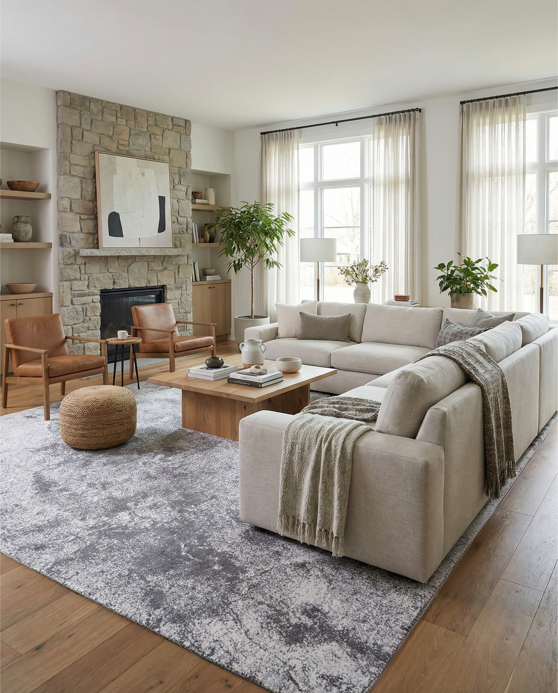 Tapis rectangulaire gris et blanc dans une pièce lumineuse. Il adoucit l'ambiance et délimite l'espace salon