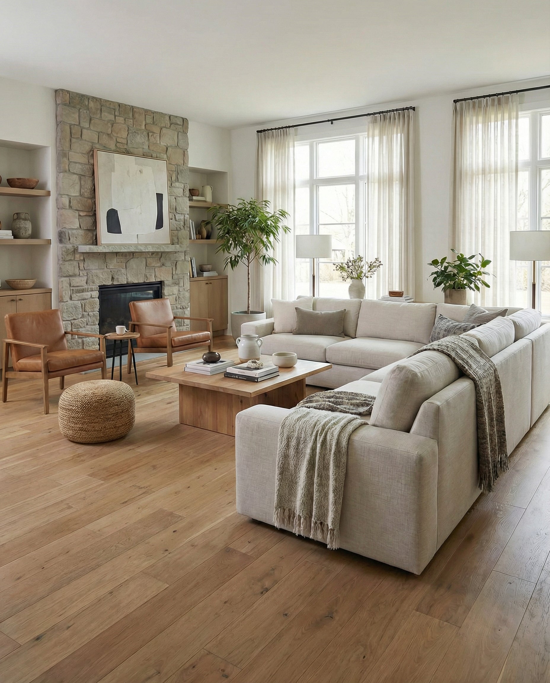 Pièce lumineuse avec parquet clair, canapé beige. Cheminée en pierres, fauteuils cuir, pouf rond. Espace à transformer