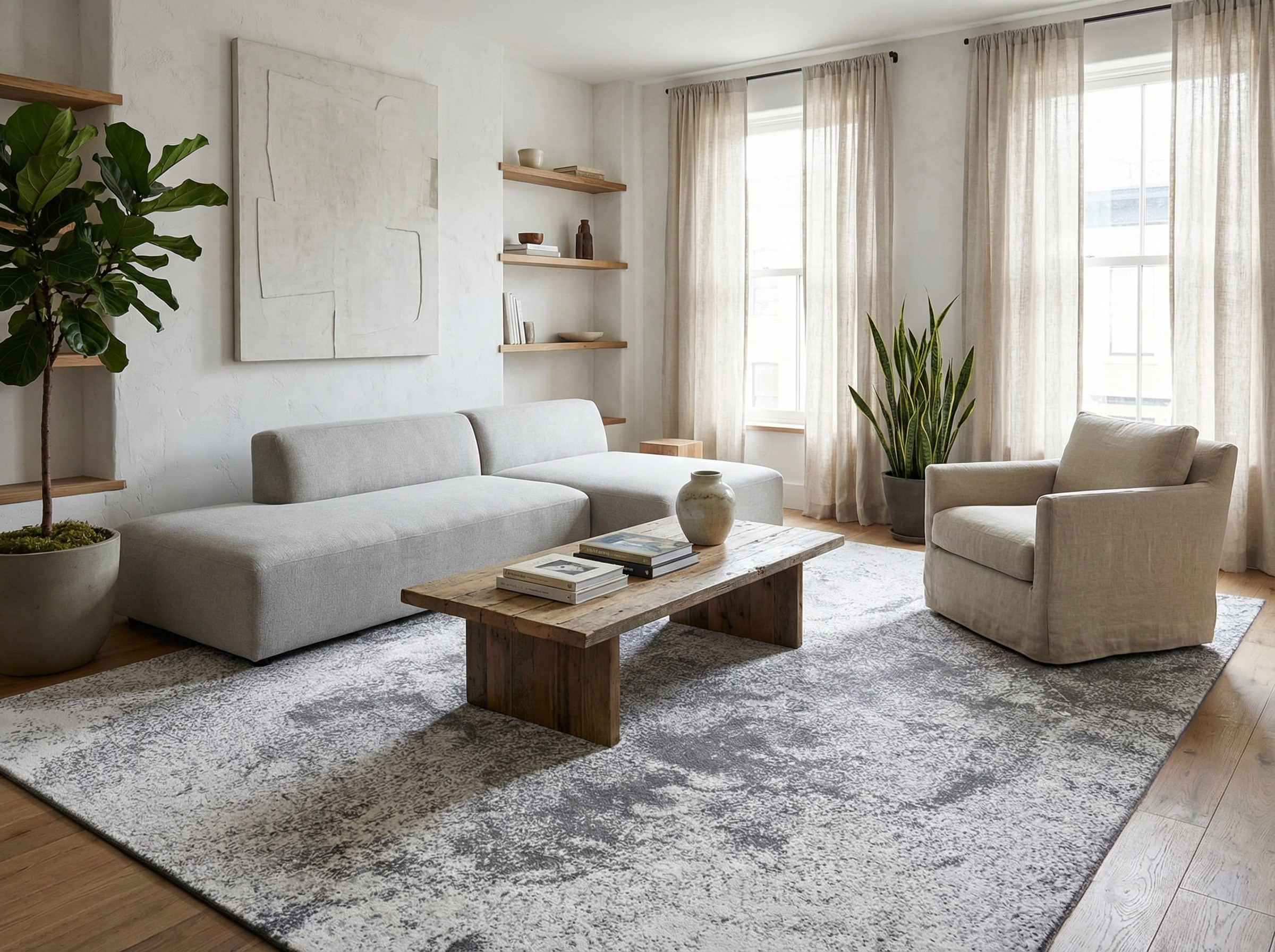 Tapis rectangulaire gris clair, style déco minimaliste. Crée une ambiance douce et chaleureuse dans la pièce