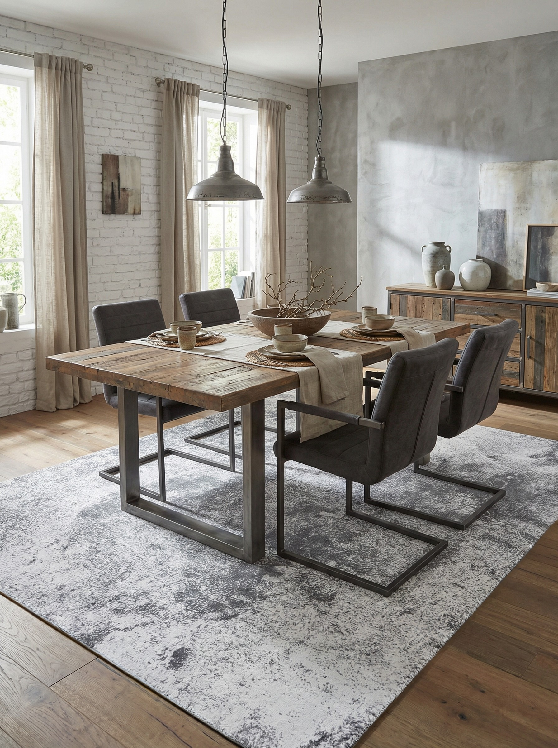 Tapis rectangulaire gris. Définit l'espace repas, ambiance conviviale