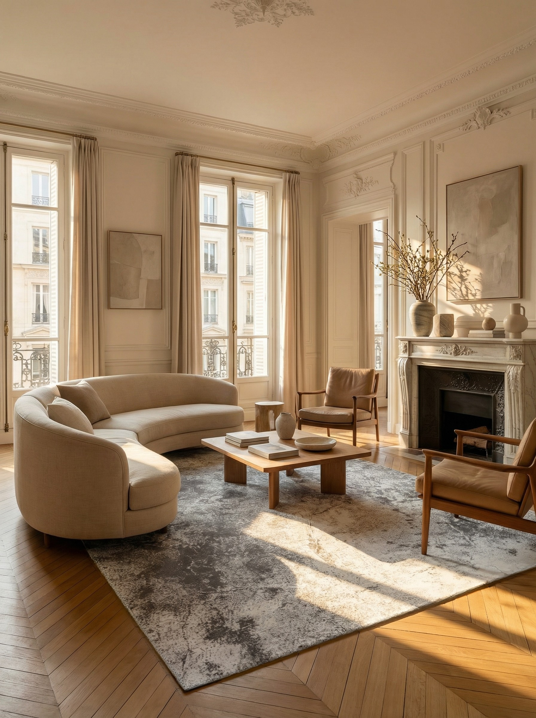 Tapis rectangulaire gris, ambiance élégante et conviviale dans un salon