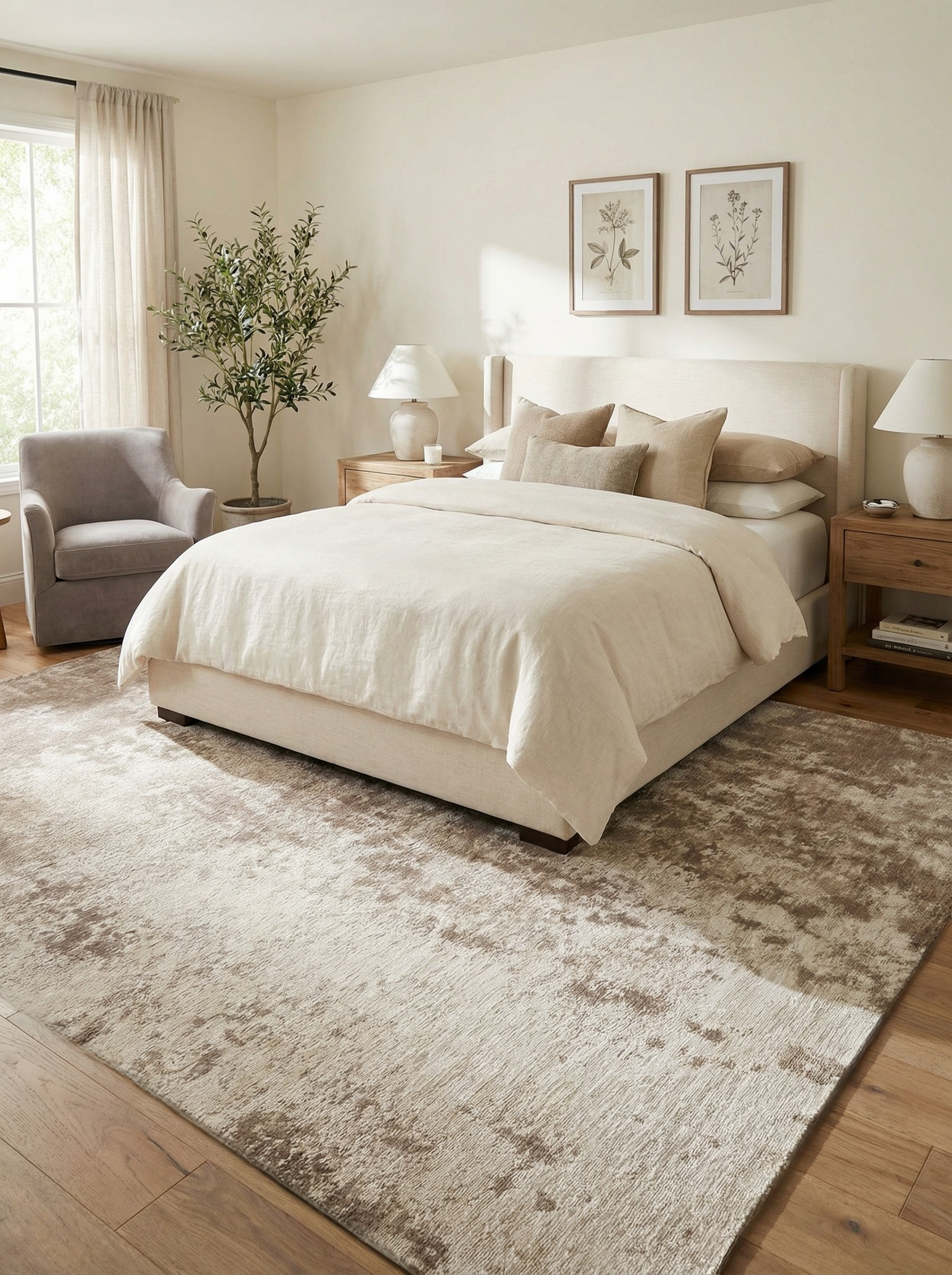 Tapis rectangulaire taupe et ambre, doux et confortable, dans une chambre, créant une ambiance reposante