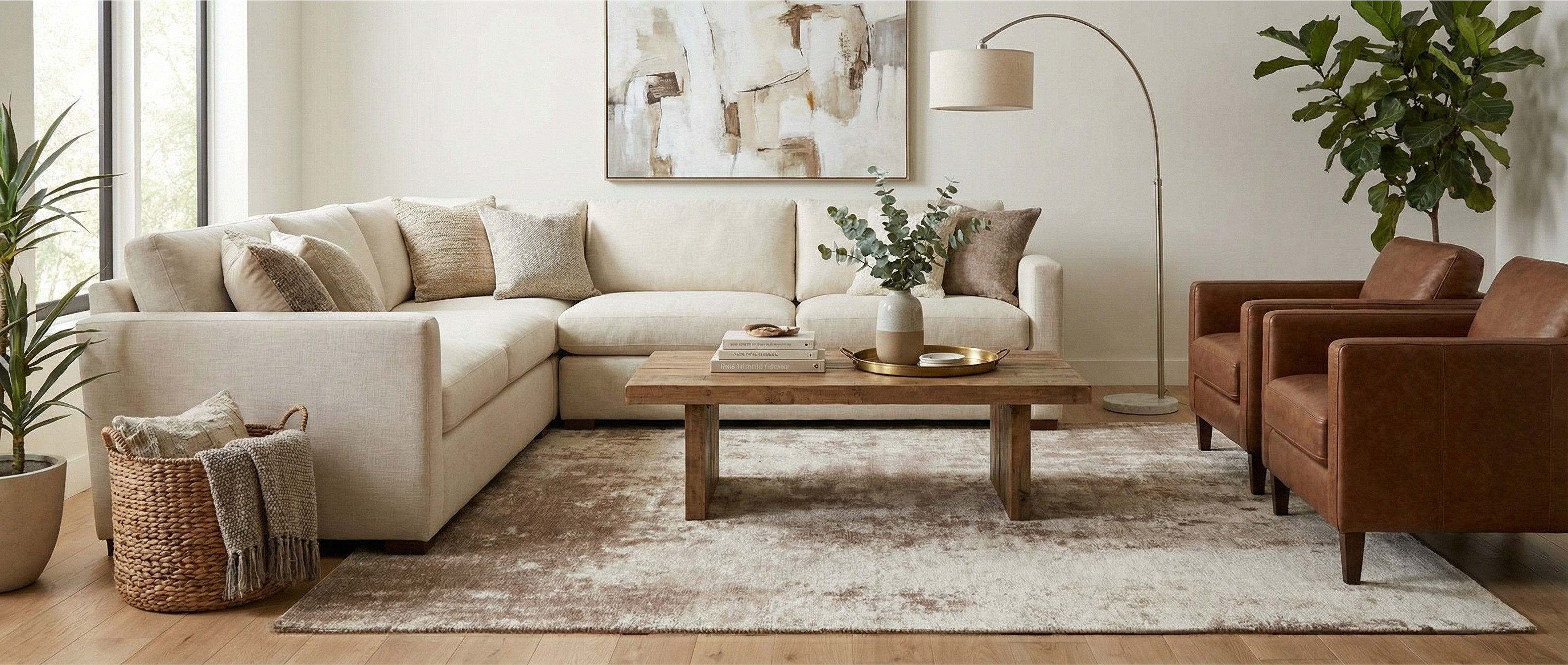 Le tapis rectangulaire taupe transforme la pièce. Il crée une harmonie, adoucissant l'ambiance