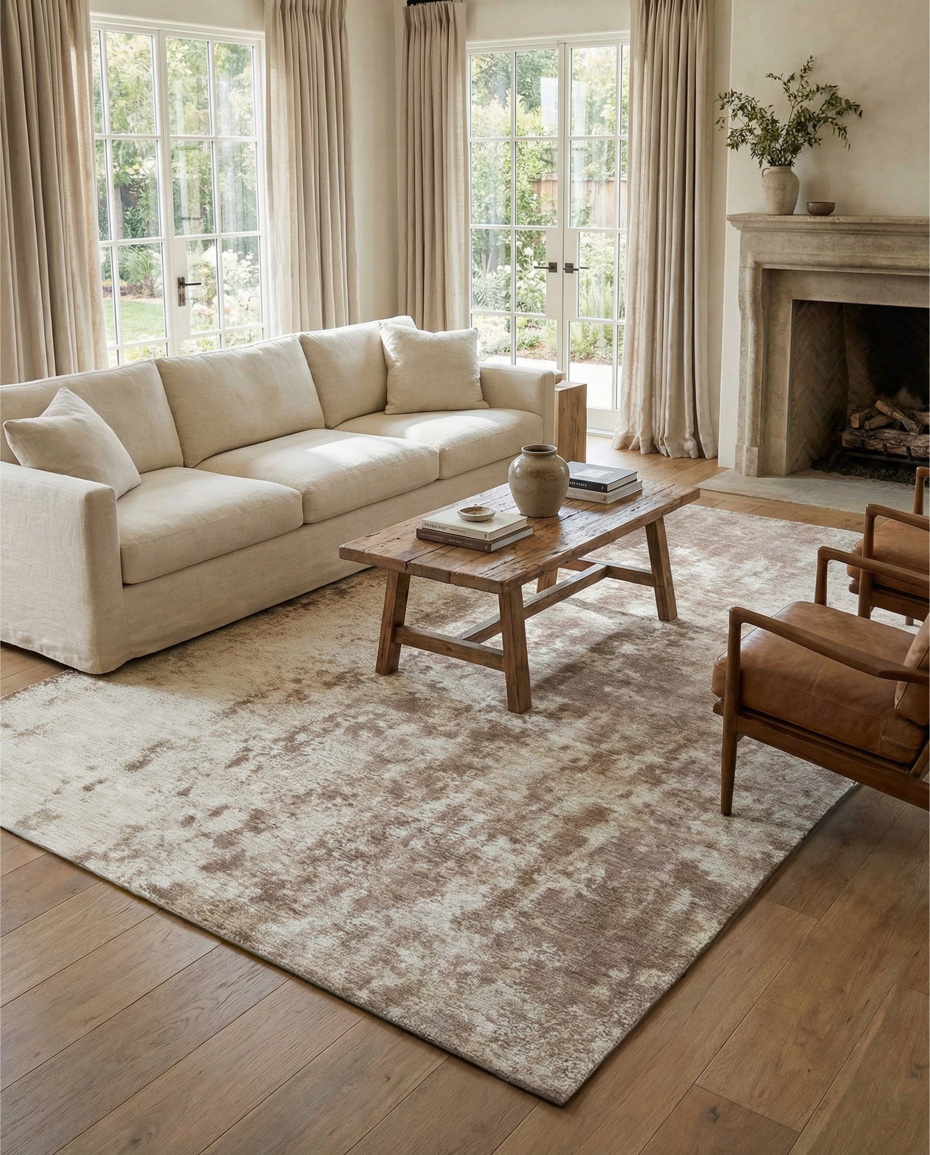 Tapis rectangulaire taupe dans la pièce, ambiance chaleureuse. Le tapis ajoute de la douceur et du confort