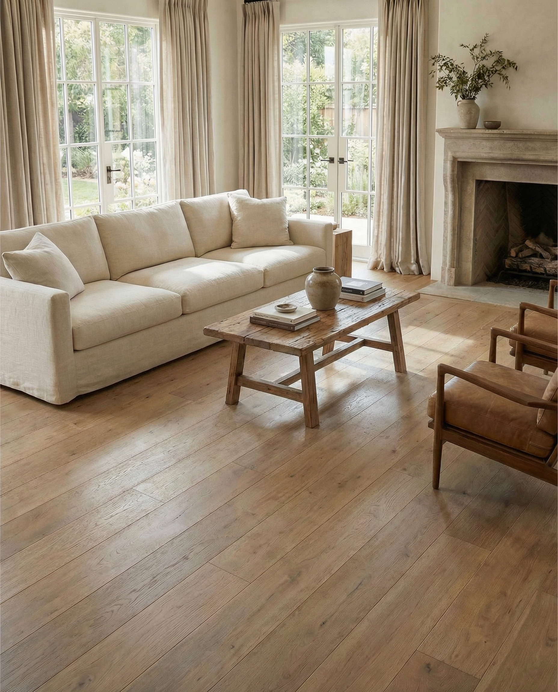 Pièce avec plancher en bois clair, canapé beige, cheminée et fenêtres. Ambiance chaleureuse, couleurs taupe. Espace à