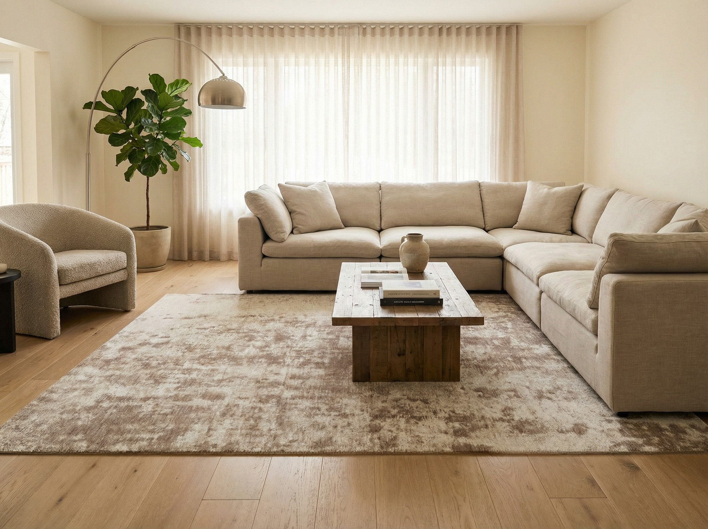 Tapis rectangulaire taupe dans un salon lumineux, ambiance chaleureuse et style déco épuré