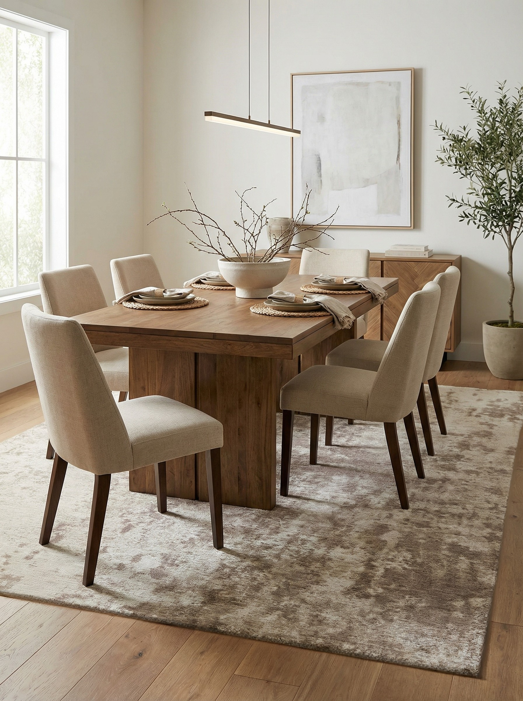 Tapis rectangulaire taupe sous la table, définissant l'espace repas, ambiance chaleureuse et conviviale