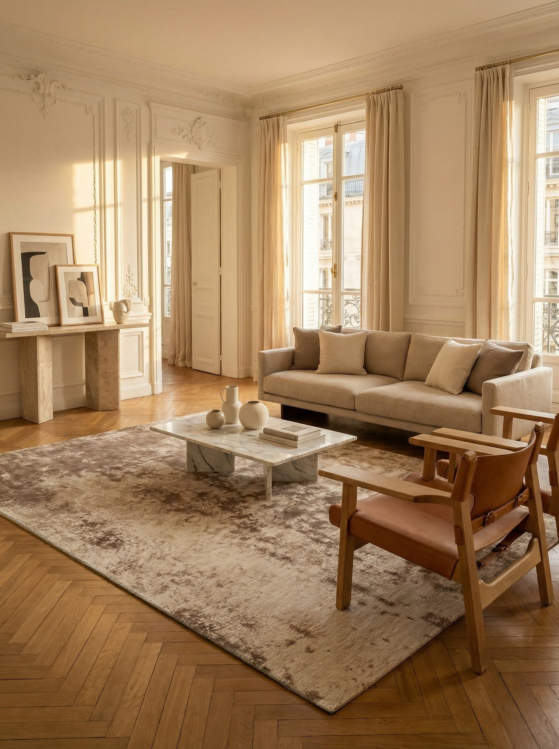 Tapis rectangulaire taupe, ambiance chaleureuse et élégante dans le salon, pour une soirée conviviale