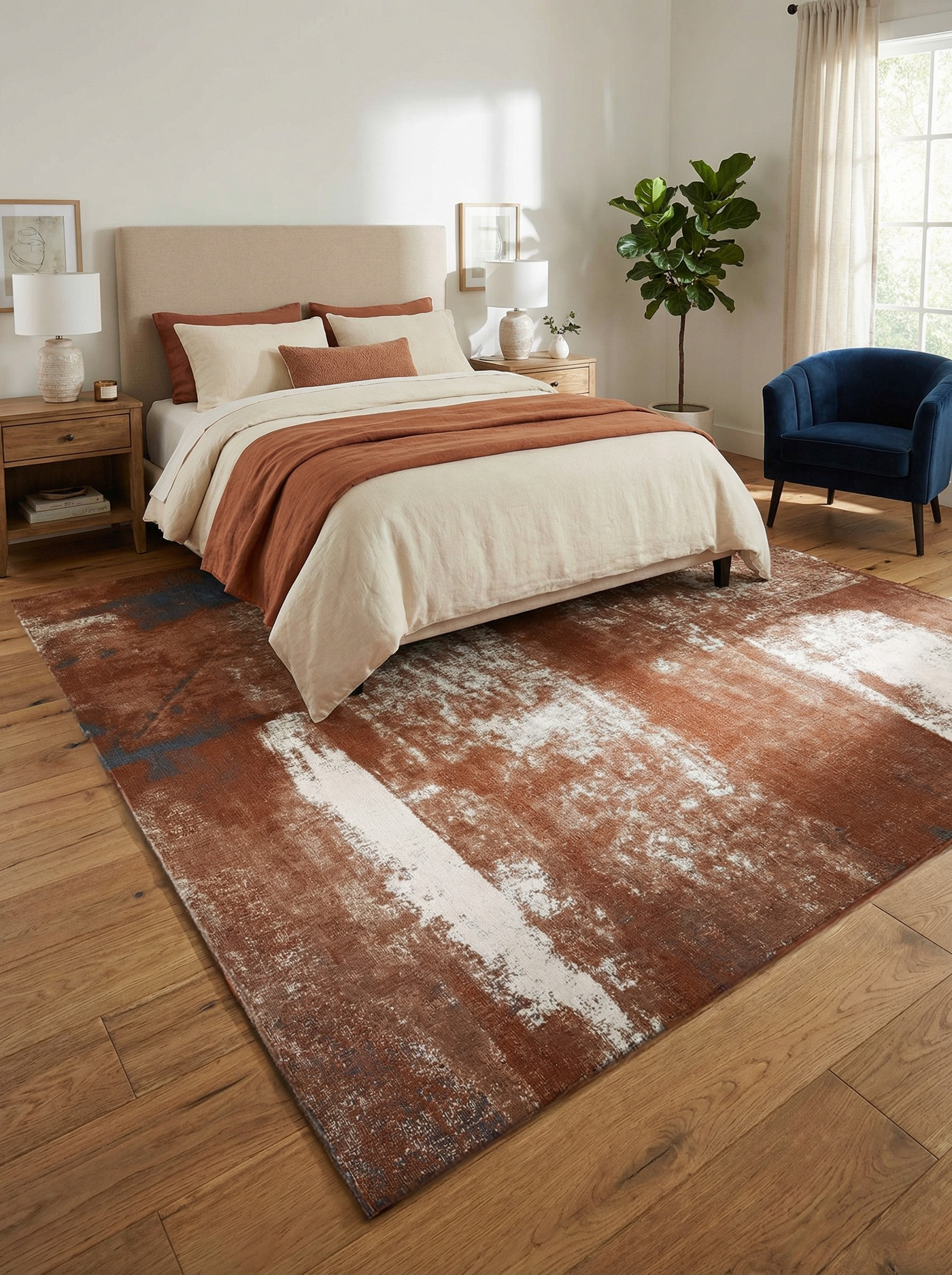 Tapis rectangulaire terracotta et ambre, doux et confortable. Crée une ambiance reposante dans la chambre