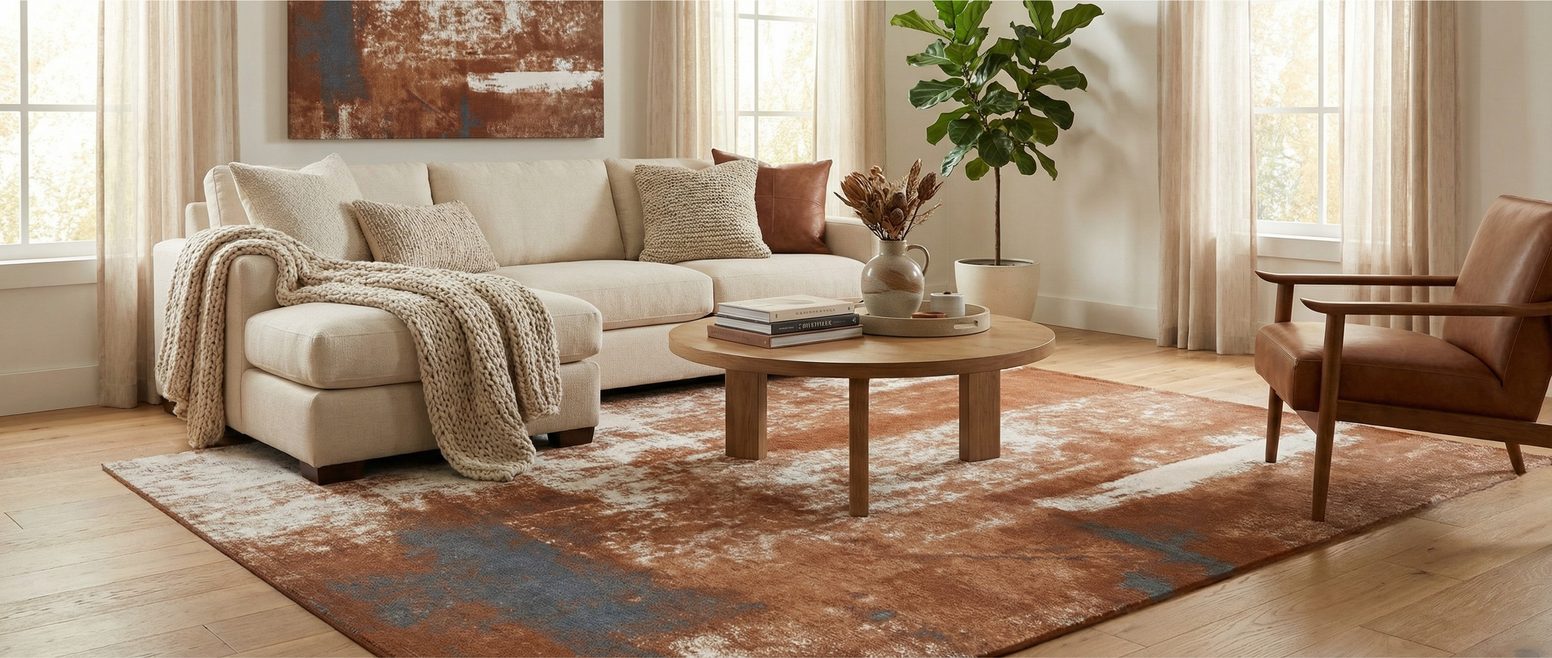 Le tapis rectangulaire terracotta transforme la pièce, créant une harmonie chaleureuse avec les couleurs et l'ambiance