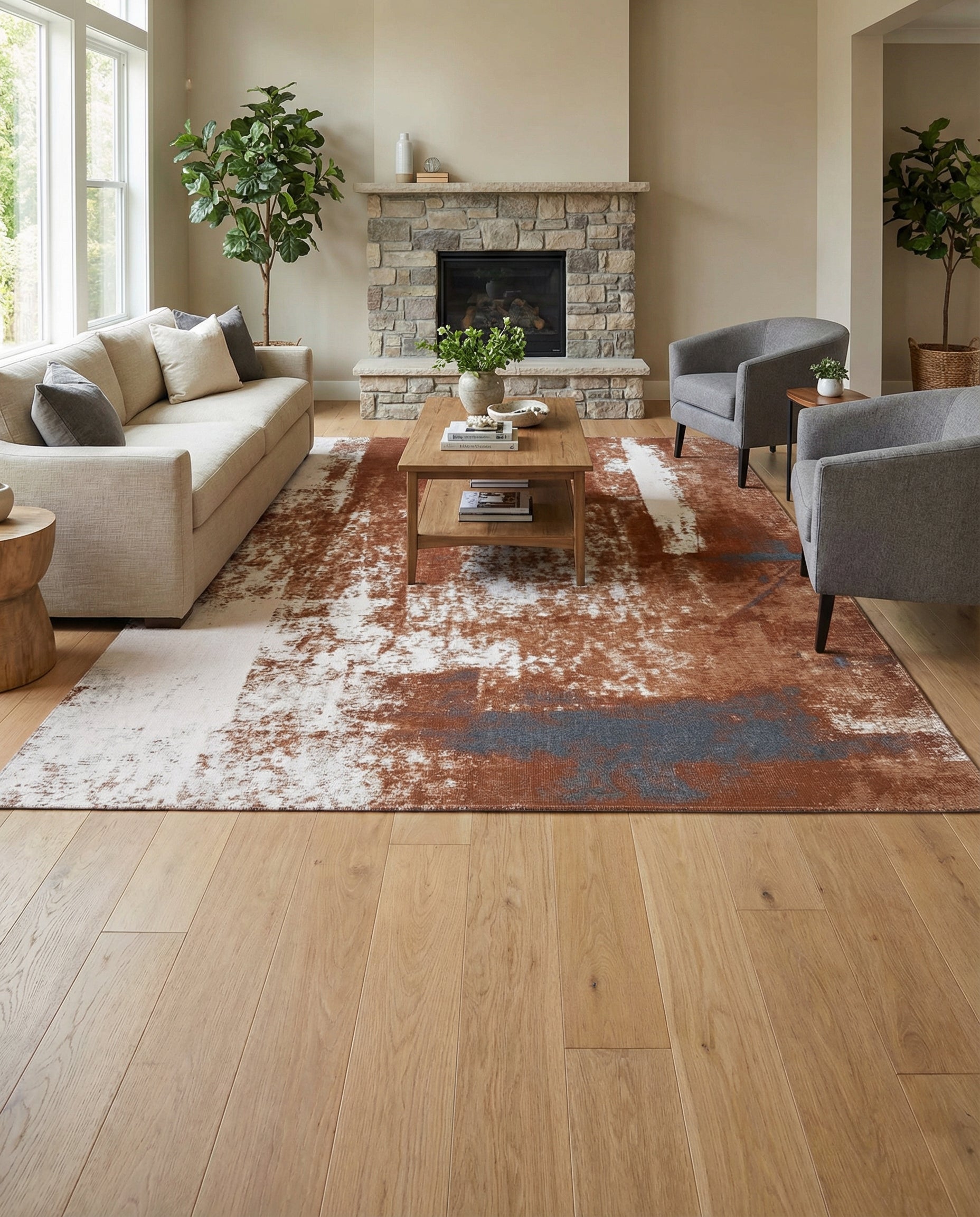 Tapis rectangulaire terracotta et blanc, pièce chaleureuse. Le tapis ajoute de la couleur et définit l'espace salon