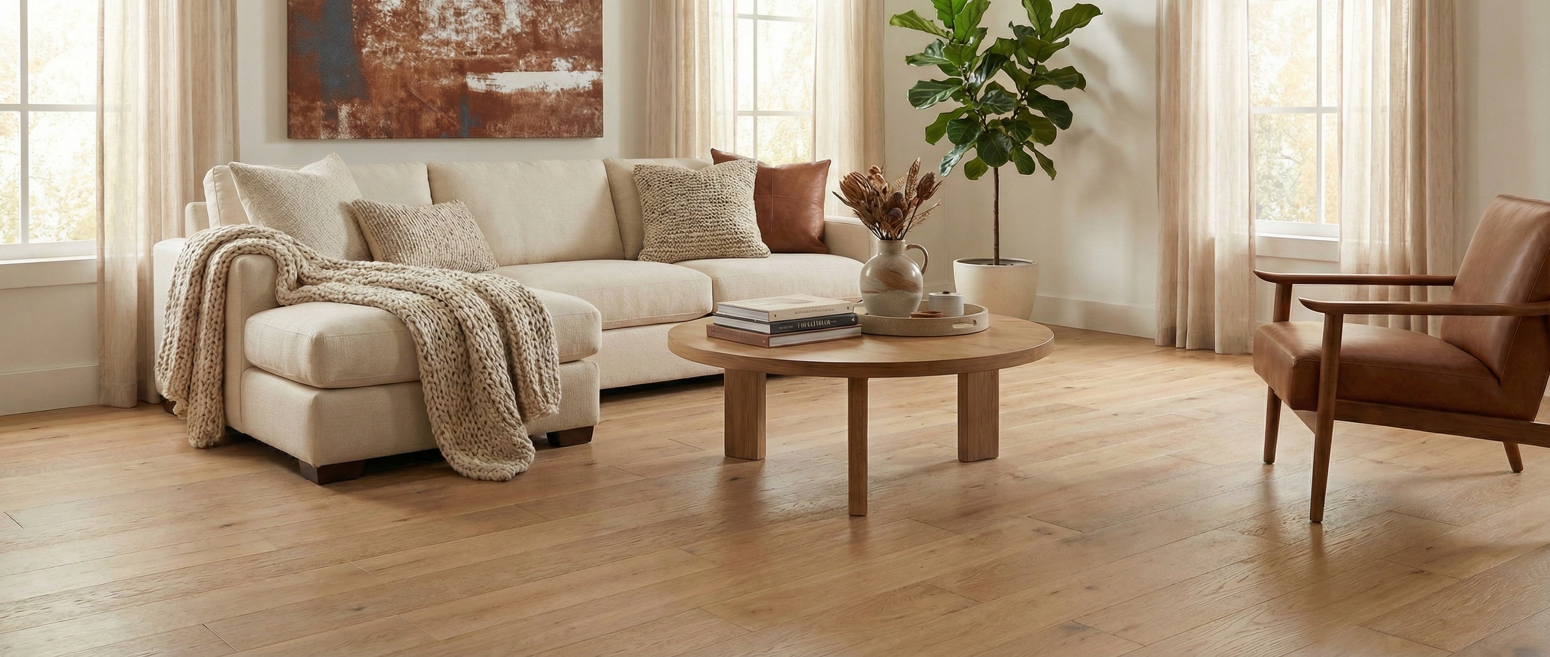 Pièce lumineuse avec canapé clair, fauteuil cuir. Sol en bois clair, espace vide. Potentiel déco: tapis rond, couleurs