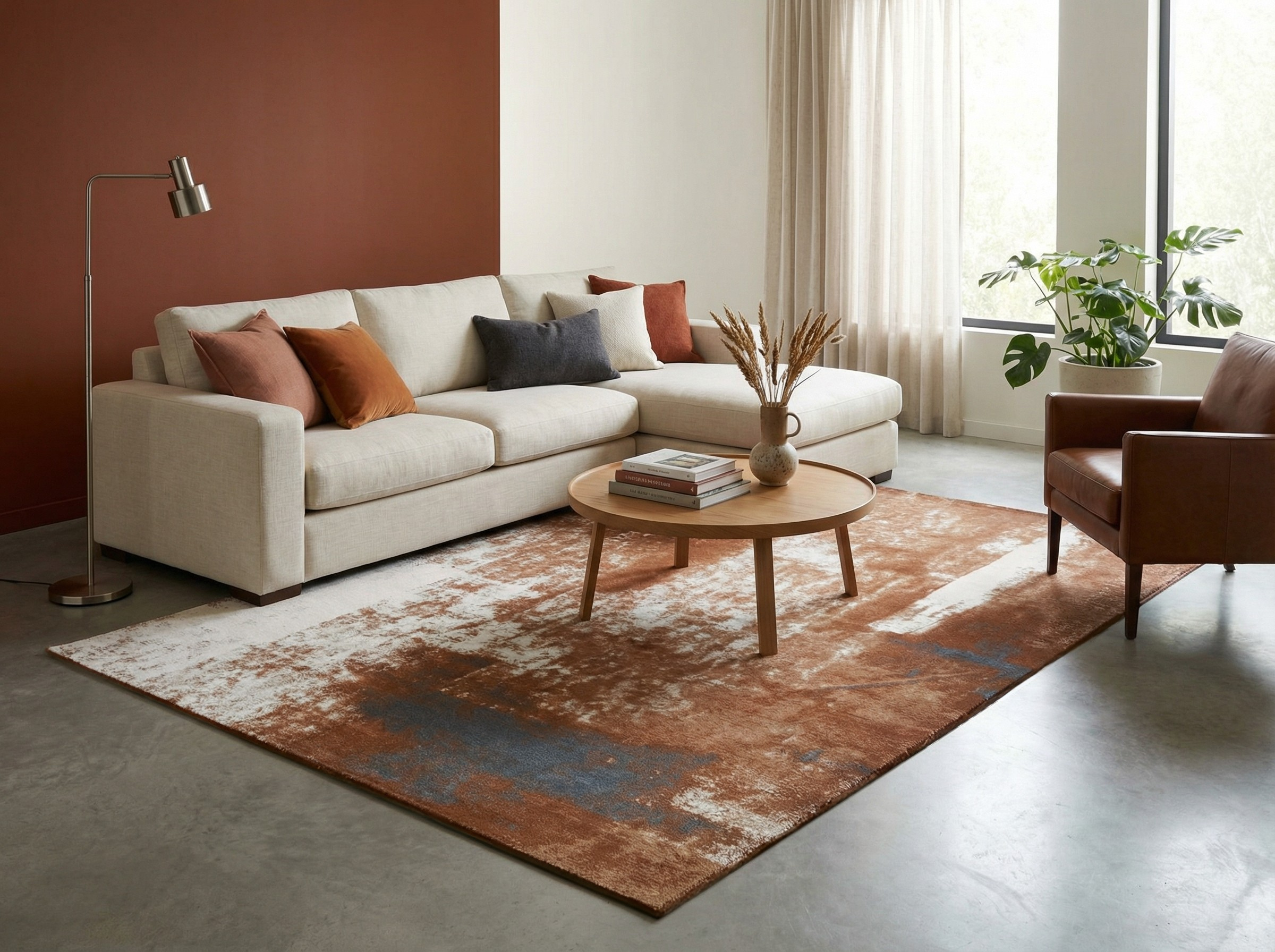 Tapis rectangulaire terracotta et blanc, pièce lumineuse, ambiance chaleureuse, style déco moderne