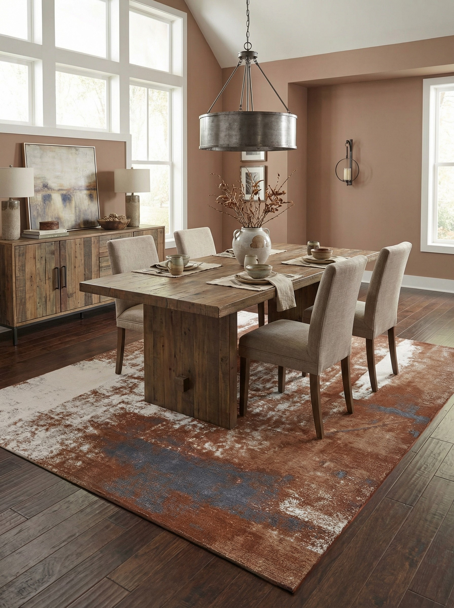 Tapis rectangulaire terracotta et blanc, ambiance chaleureuse pour définir l'espace repas, convivial