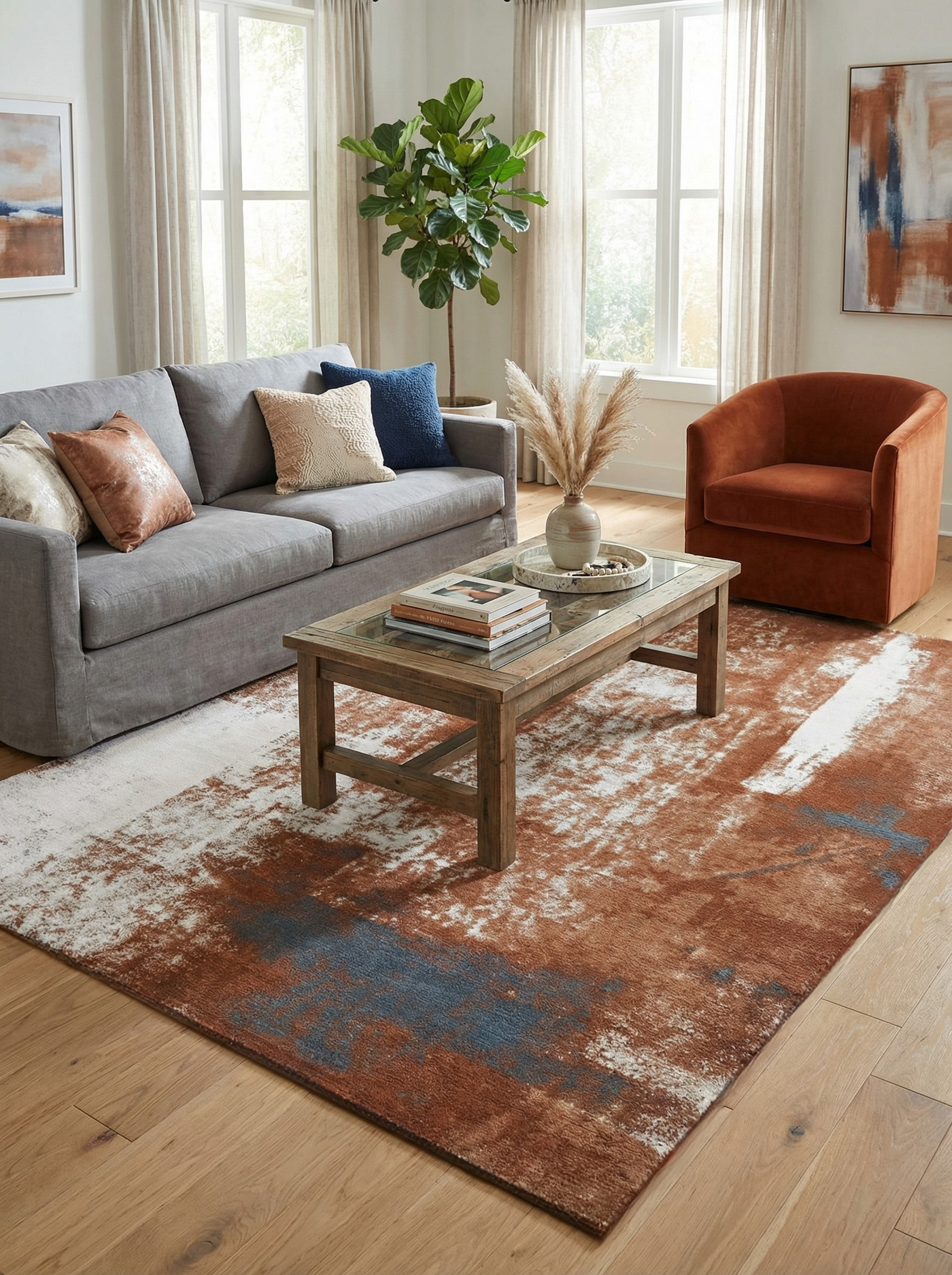 Tapis rectangulaire terracotta et blanc, ambiance chaleureuse dans un salon. Harmonie avec le décor